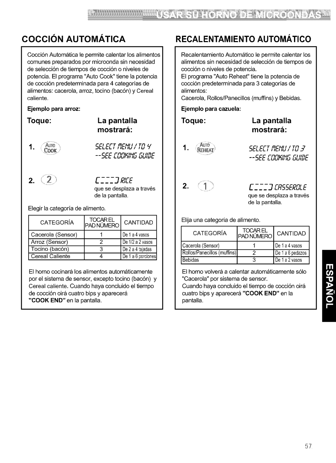 Kenmore 721.64684, 721.64689 manual Coccin Automatica, Recalentamiento Automatico, Ejemplo para arroz, Ejemplo para cazuela 