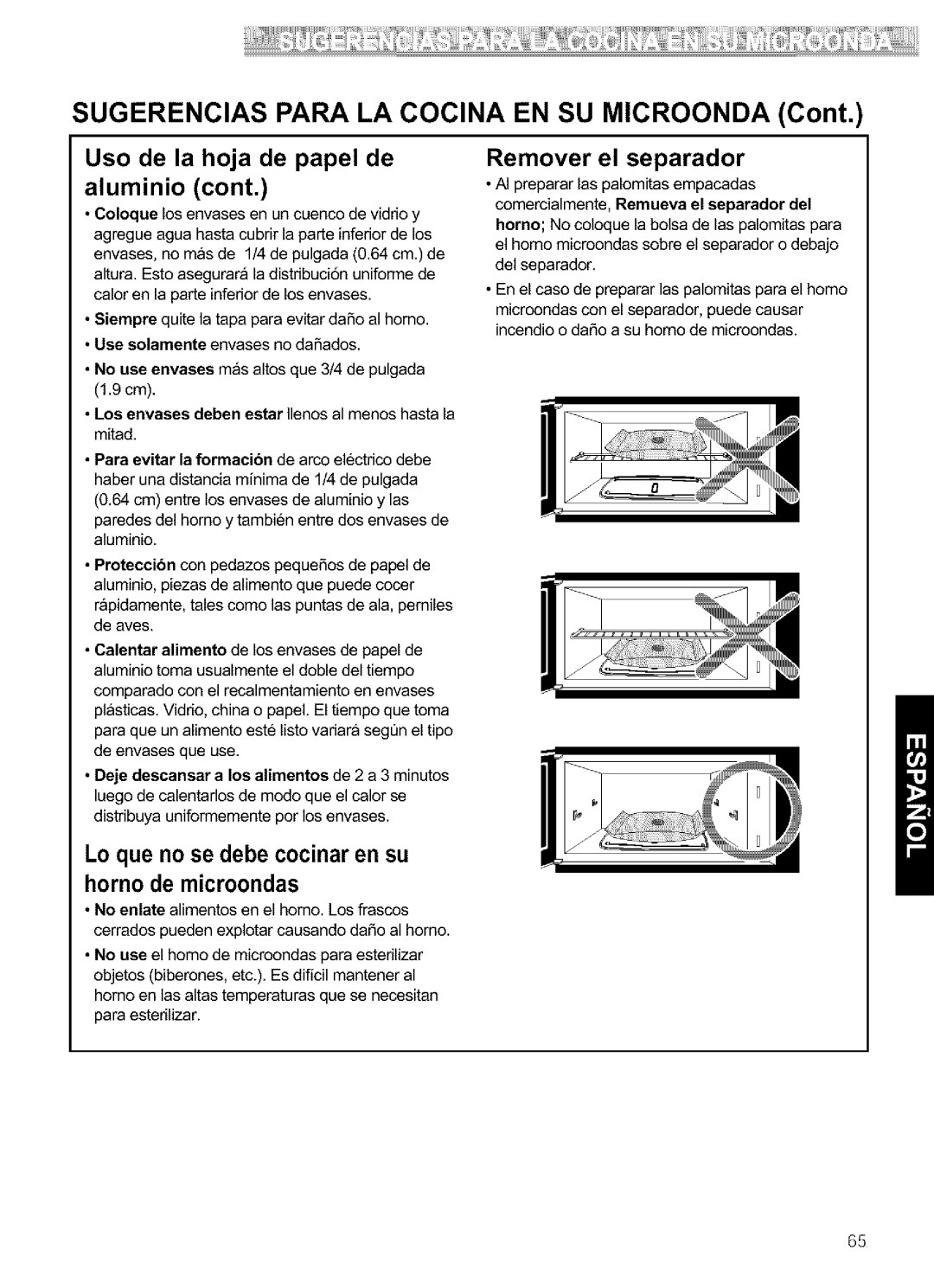 Kenmore 721.64684, 721.64689, 721.64682 Sugerencias Para LA Cocina EN SU Microonda, Uso de la hoja de papel de aluminio 