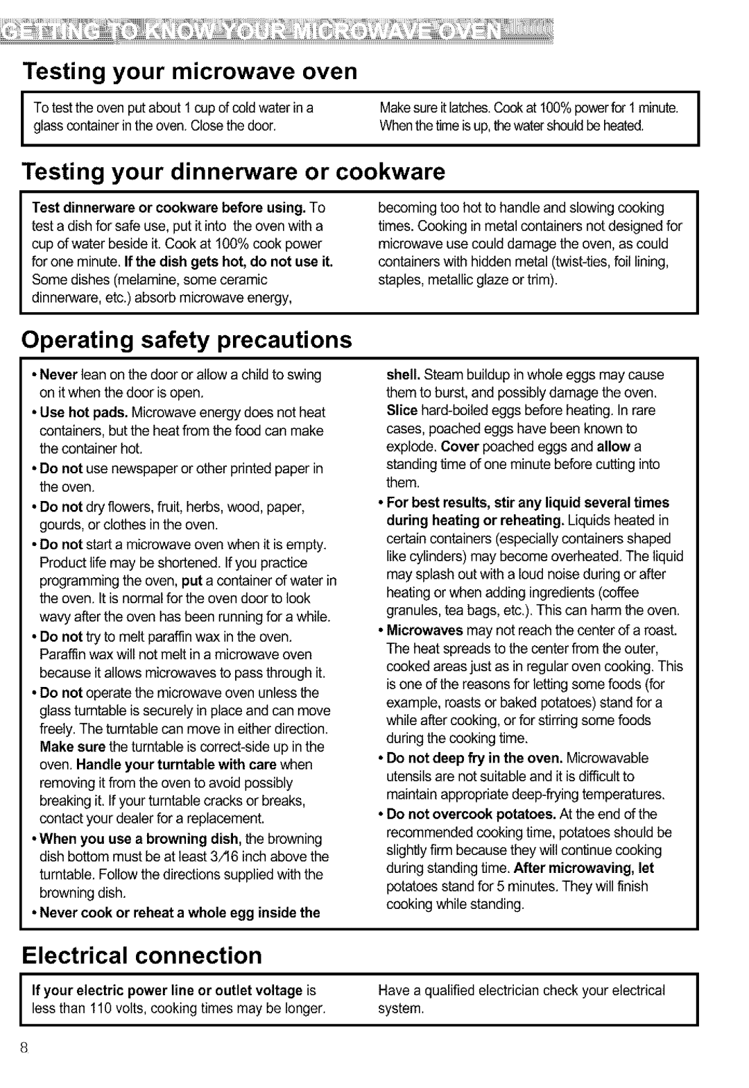 Kenmore 721.64689, 721.64684, 721.64682 Testing your microwave oven, Operating safety precautions, Electrical connection 