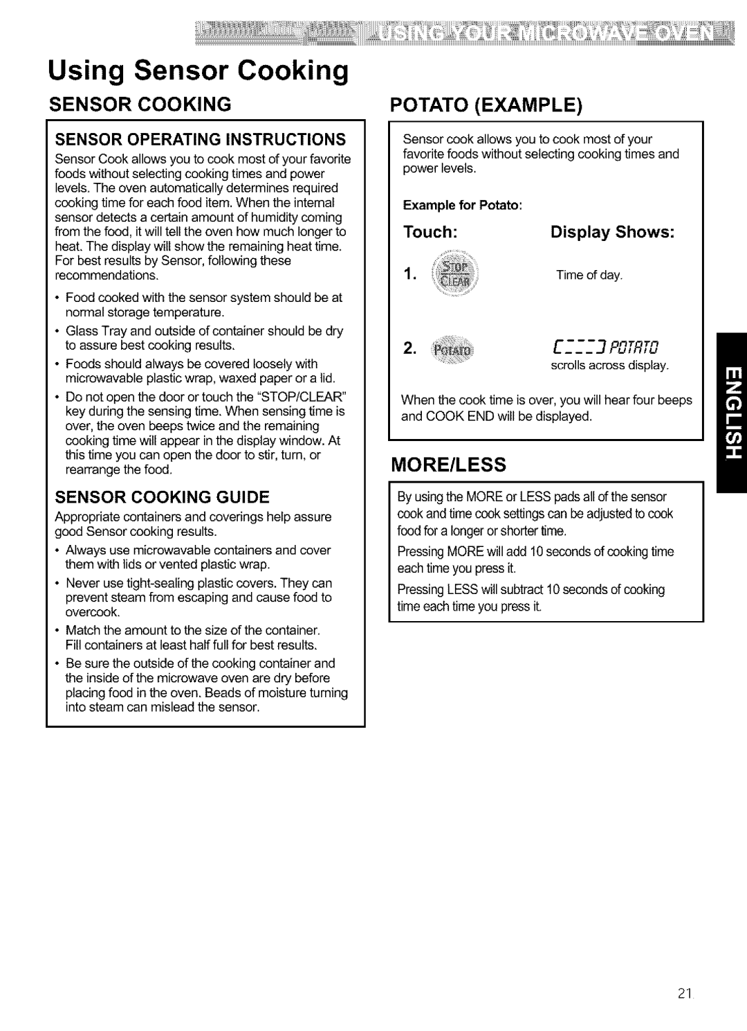 Kenmore 721.64684 Using Sensor Cooking, Potato Example, More/Less, Sensor Operating Instructions, Sensor Cooking Guide 