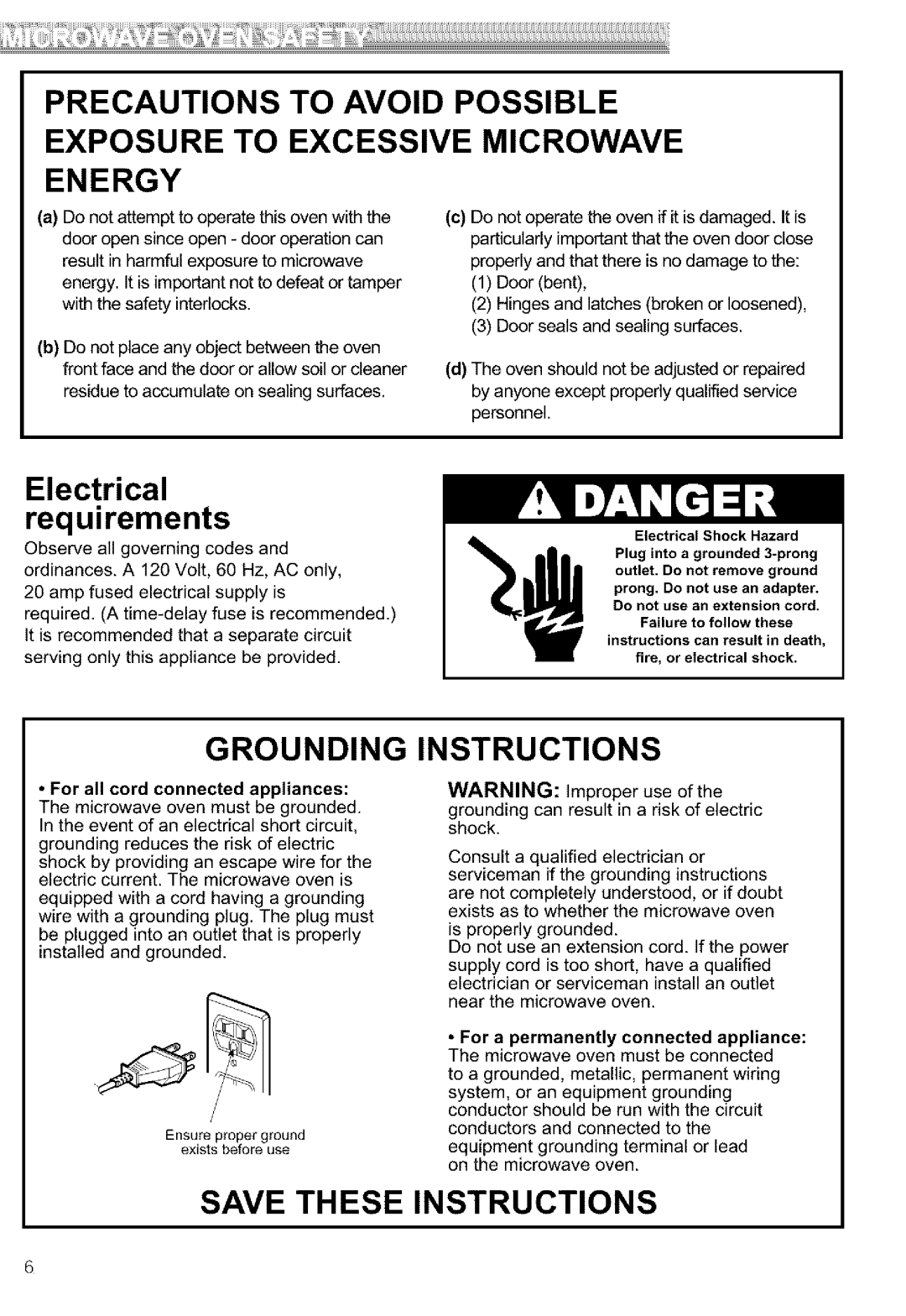 Kenmore 721.64682, 721.64689 Electrical requirements, Grounding Instructions, Save Theseinstructions, Possible Microwave 
