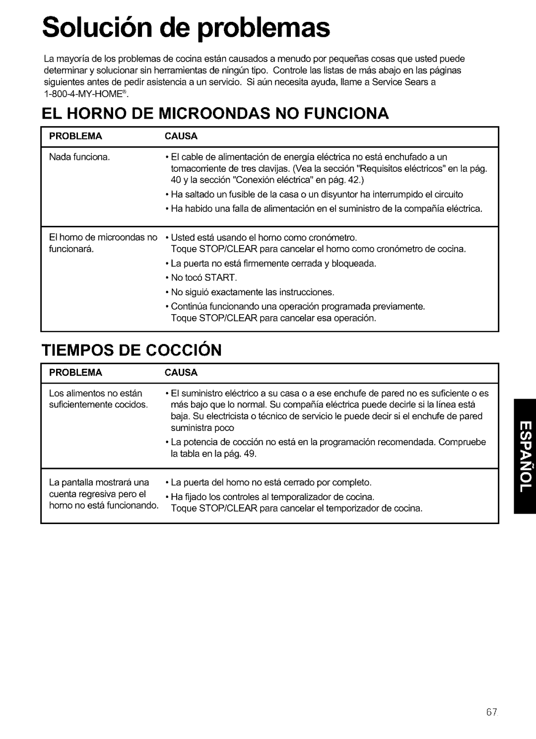 Kenmore 721.64683 manual Solucibn de problemas, El Horno De Microondas No Funciona, TIEMPOS DE COCClON, Problema, Causa 