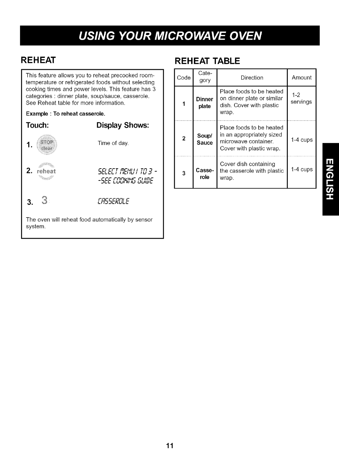 Kenmore 721.65229, 721.65223, 721.65222 manual Reheat Table, Example To reheat casserole, Time of day ¢,heOt 