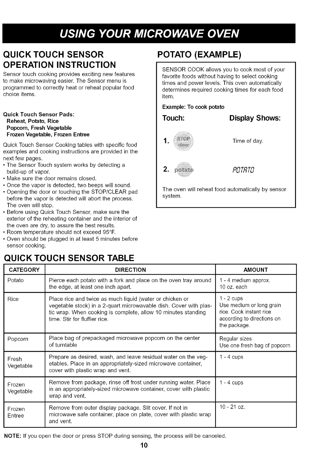 Kenmore 721.65222 manual Quick Touch Sensor Operation Instruction, Potato Example, Quick Touch Sensor Table, Display Shows 