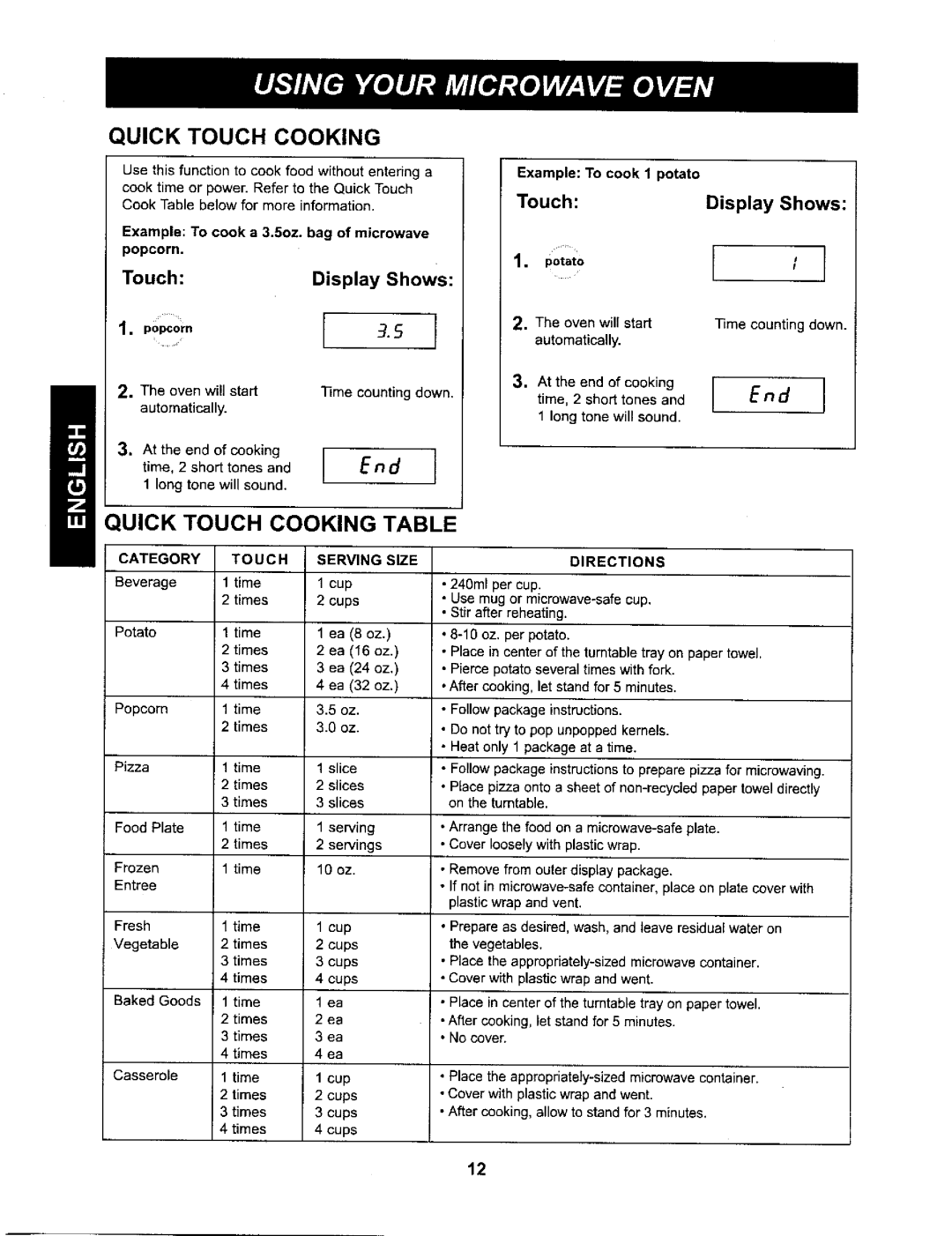 Kenmore 721.66222 manual Quick Touch Cooking, Example To cook a 3.5oz. bag of microwave popcorn, Example To cook 1 potato 