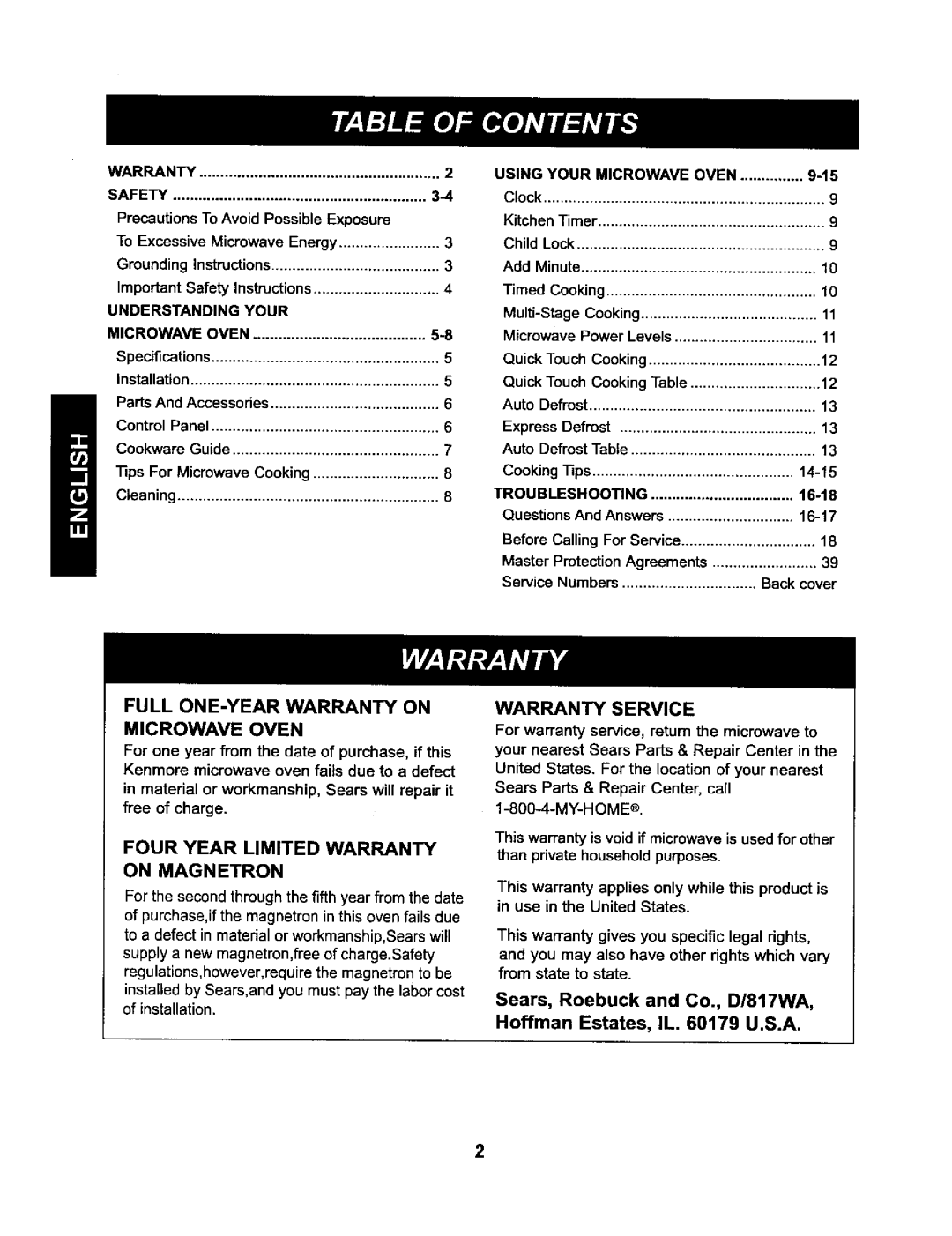 Kenmore 721.66222 manual Sears, Roebuck and Co., D/817WA, Hoffman Estates, IL U.S.A, Warranty Safety 