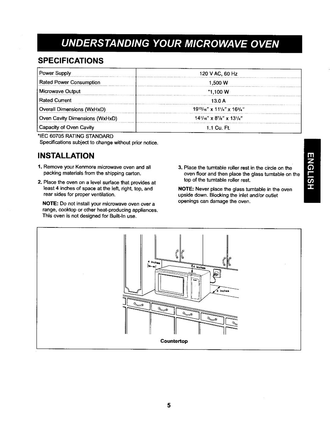 Kenmore 721.66222 manual Specifications, Installation, 19W 