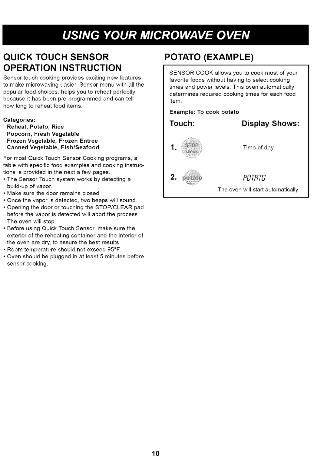 Kenmore 721.66462 Quick Touch Sensor Operation Instruction, Potato Example, Reheat, Potato, Rice Popcorn, Fresh Vegetable 