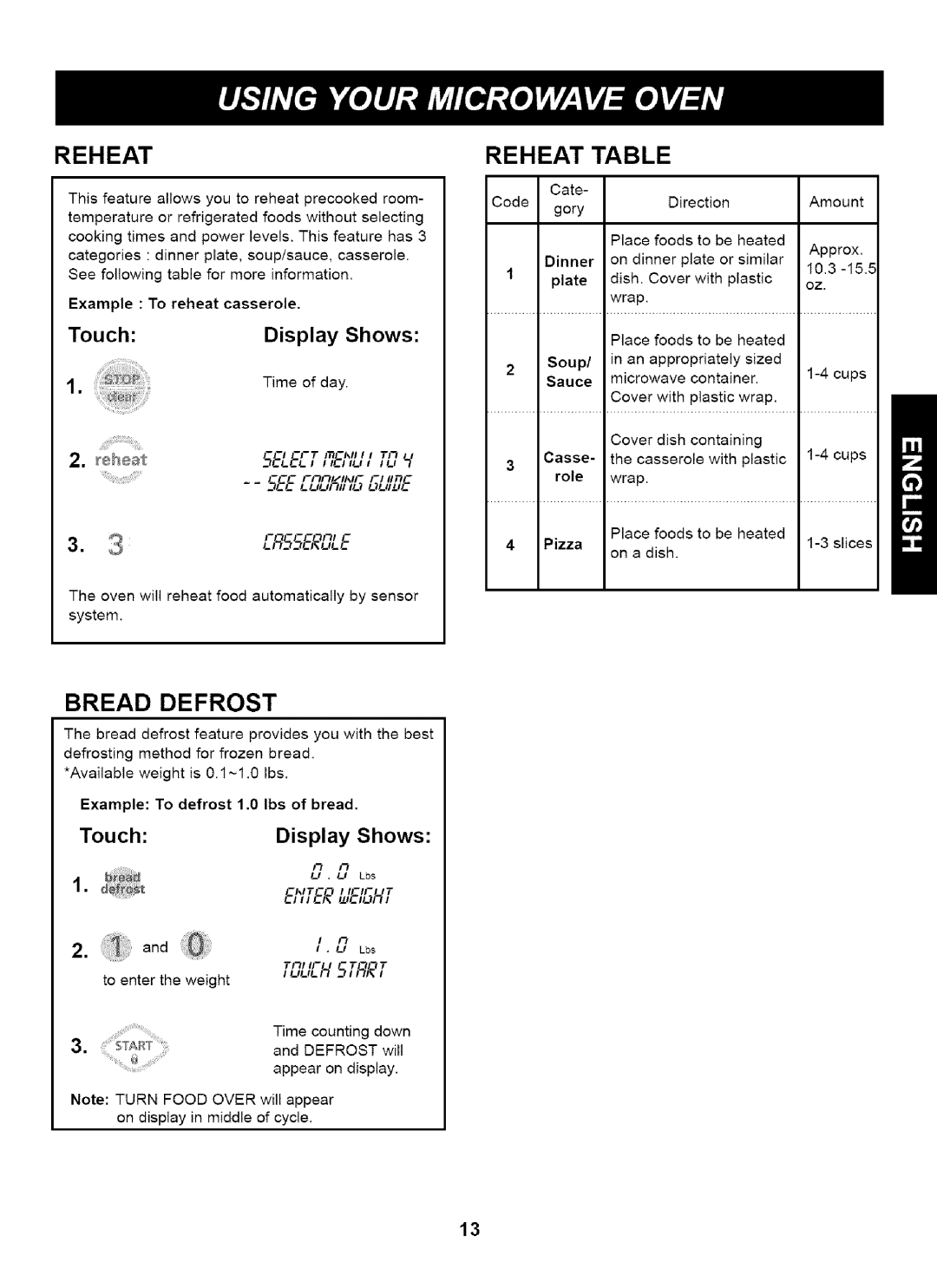 Kenmore 721.66462, 721.66464, 721.66469 manual Reheat Table, Bread Defrost, Touch 