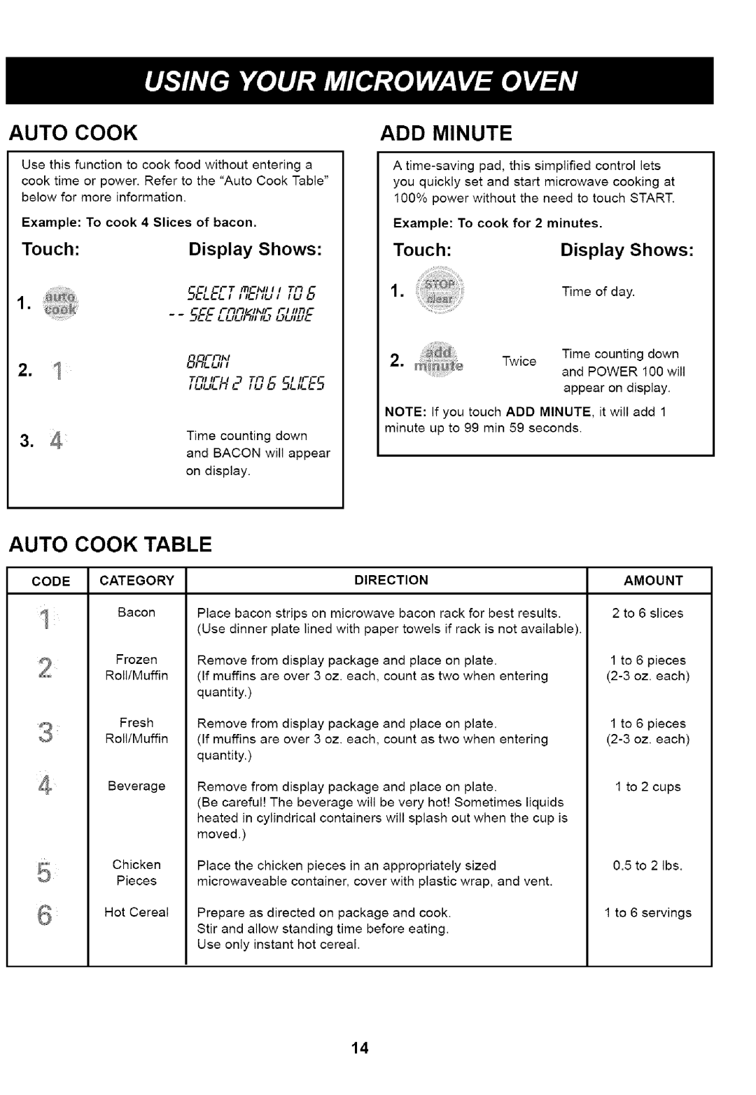 Kenmore 721.66469, 721.66464, 721.66462 manual ADD Minute, Auto Cook Table 