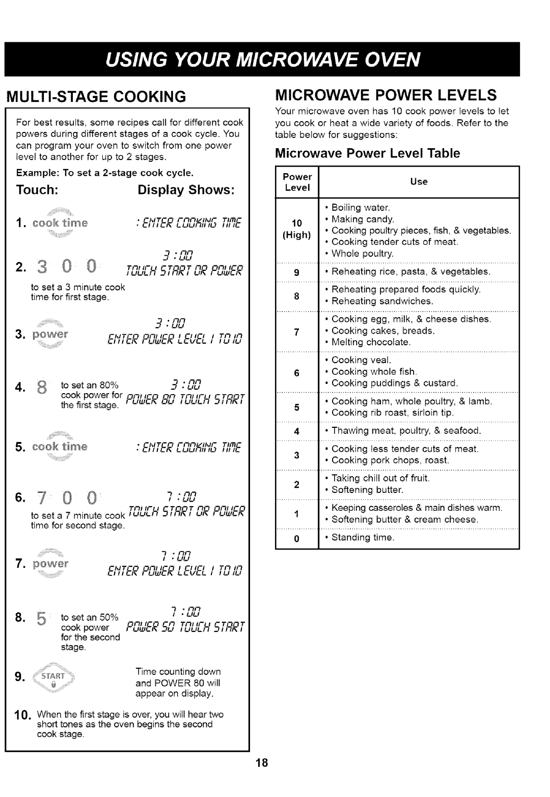 Kenmore 721.66464 MULTI-STAGE Cooking, Microwave Power Levels, Power.... YTEP,FudE,, -.EvE, Microwave Power Level Table 