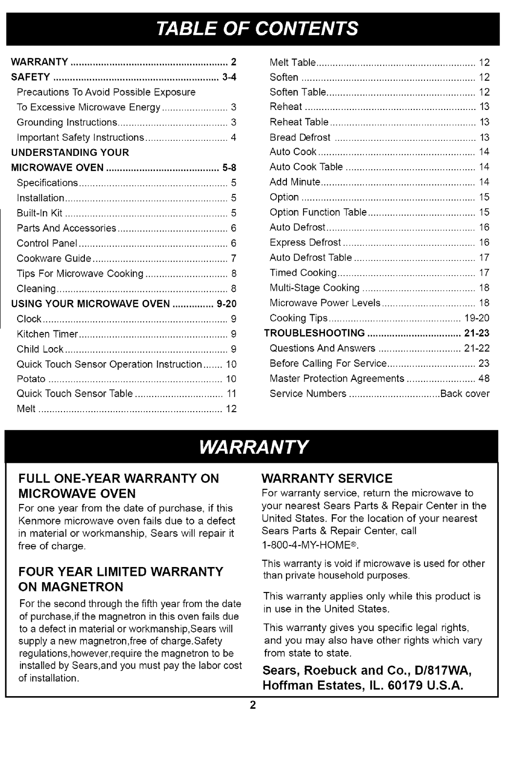 Kenmore 721.66469, 721.66464, 721.66462 Sears, Roebuck and Co., D/817WA, Installation, Cooking Tips, Questions And Answers 