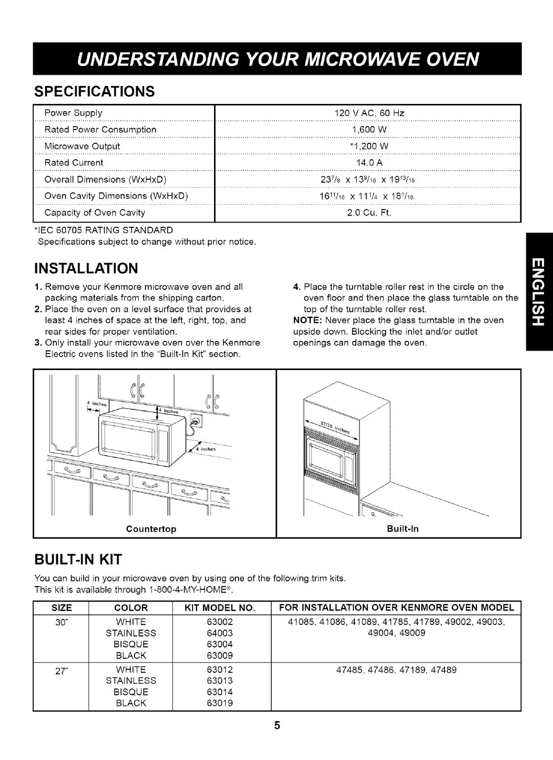 Kenmore 721.66469, 721.66464, 721.66462 manual Specifications, Installation, Built-In Kit, Countertop 