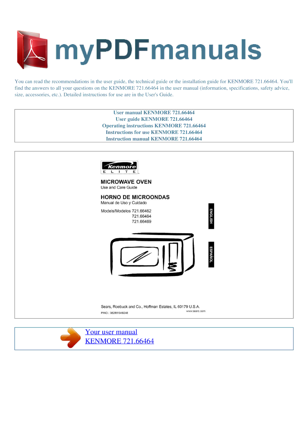 Kenmore 721.66462, 721.66464, 721.66469 user manual Kenmore 