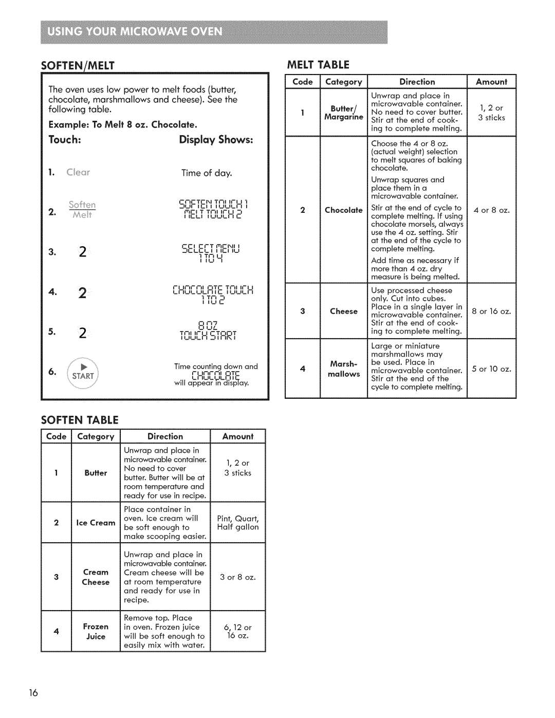 Kenmore 721.7915 manual Soften/Melt, Tci Li, Melt Table, Soften Table, Example To Melt 8 oz. Chocolate 