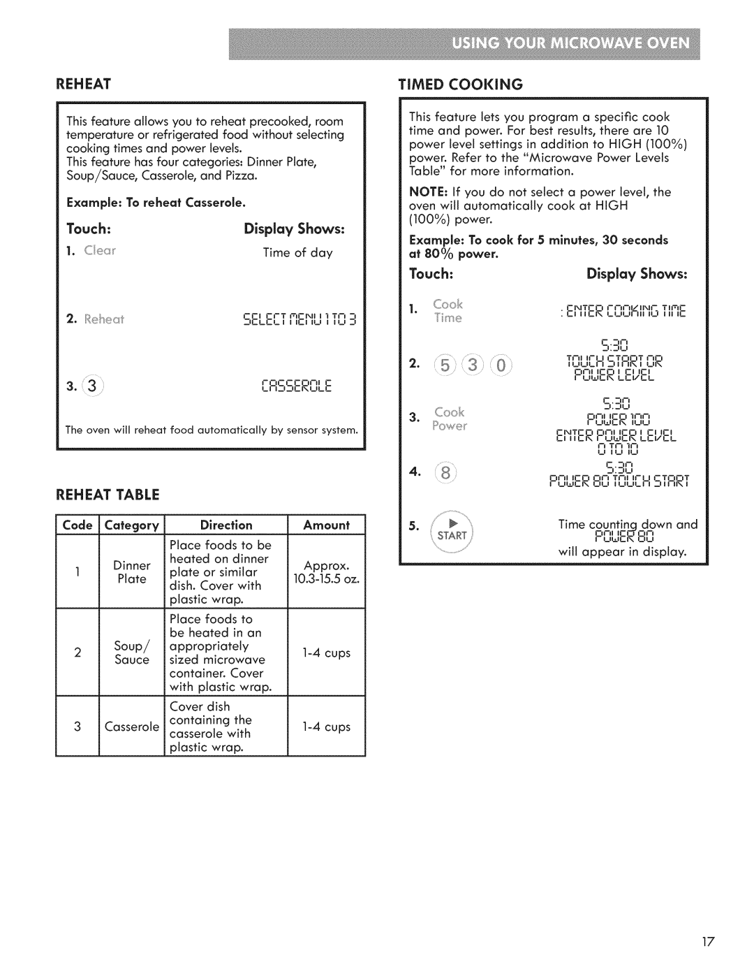 Kenmore 721.7915 manual Reheat Table, Timed Cooking 