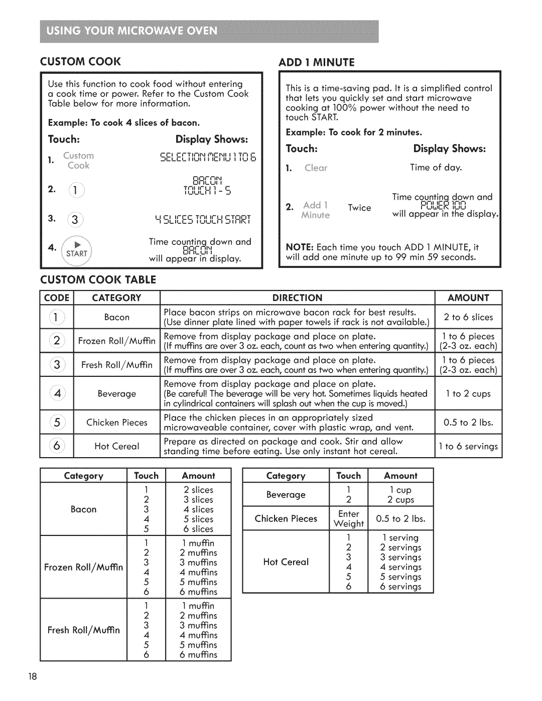 Kenmore 721.7915 manual ADD 1 Minute, Display, Custom, COOl Table, Code Category 