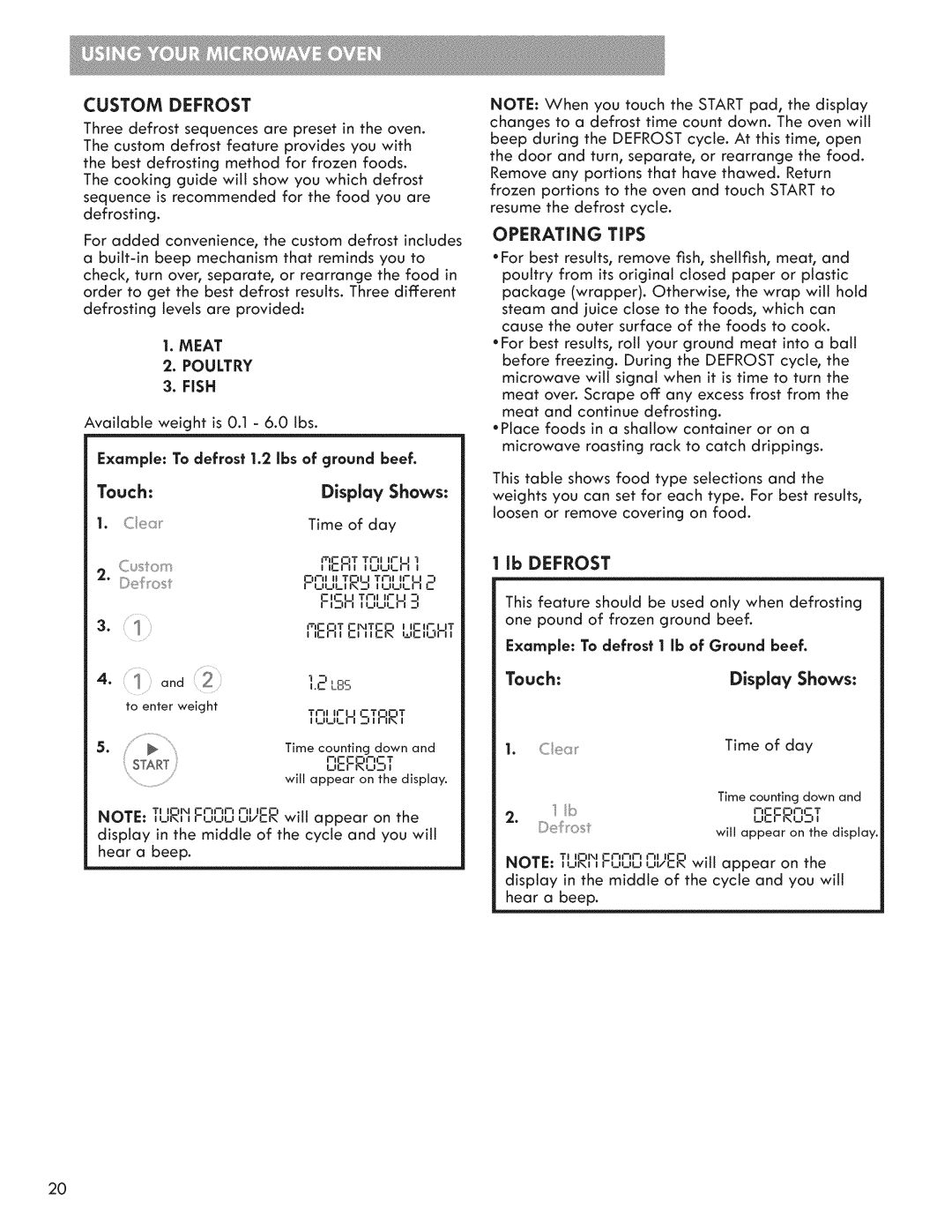 Kenmore 721.7915 manual Custom Defrost, Operating TiPS, Lb Defrost, Meat Poultry 