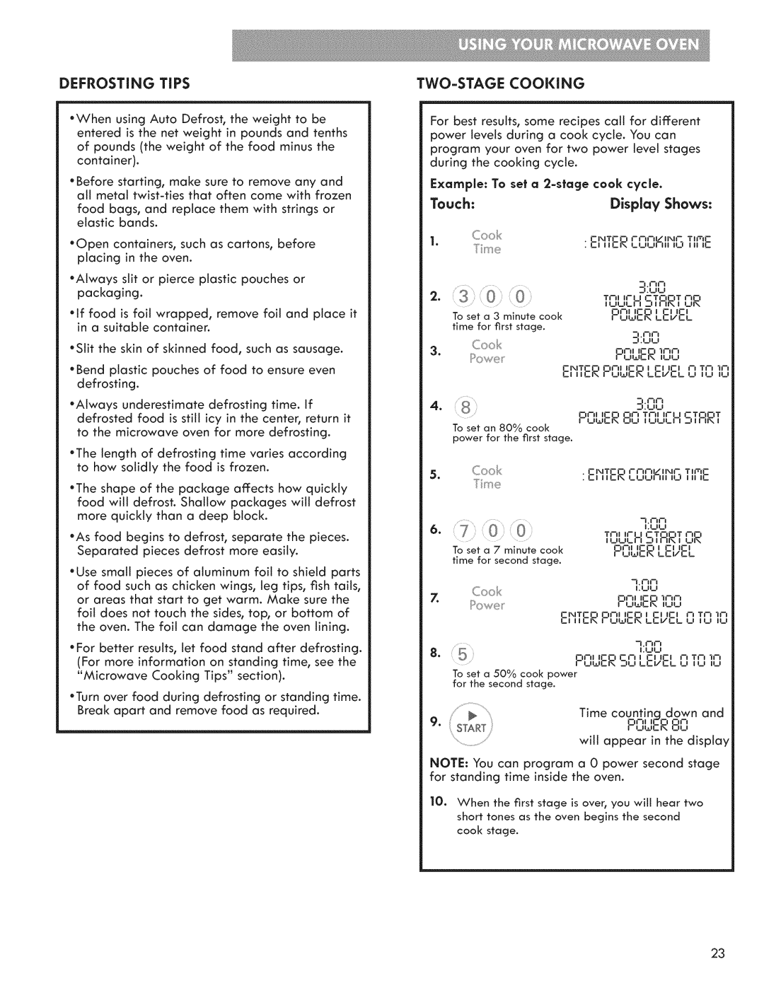 Kenmore 721.7915 manual Defrosting Tips, TWO-STAGE Cooking, Tc,OT,-,O, Example To sel a 2-slage cook cycle 