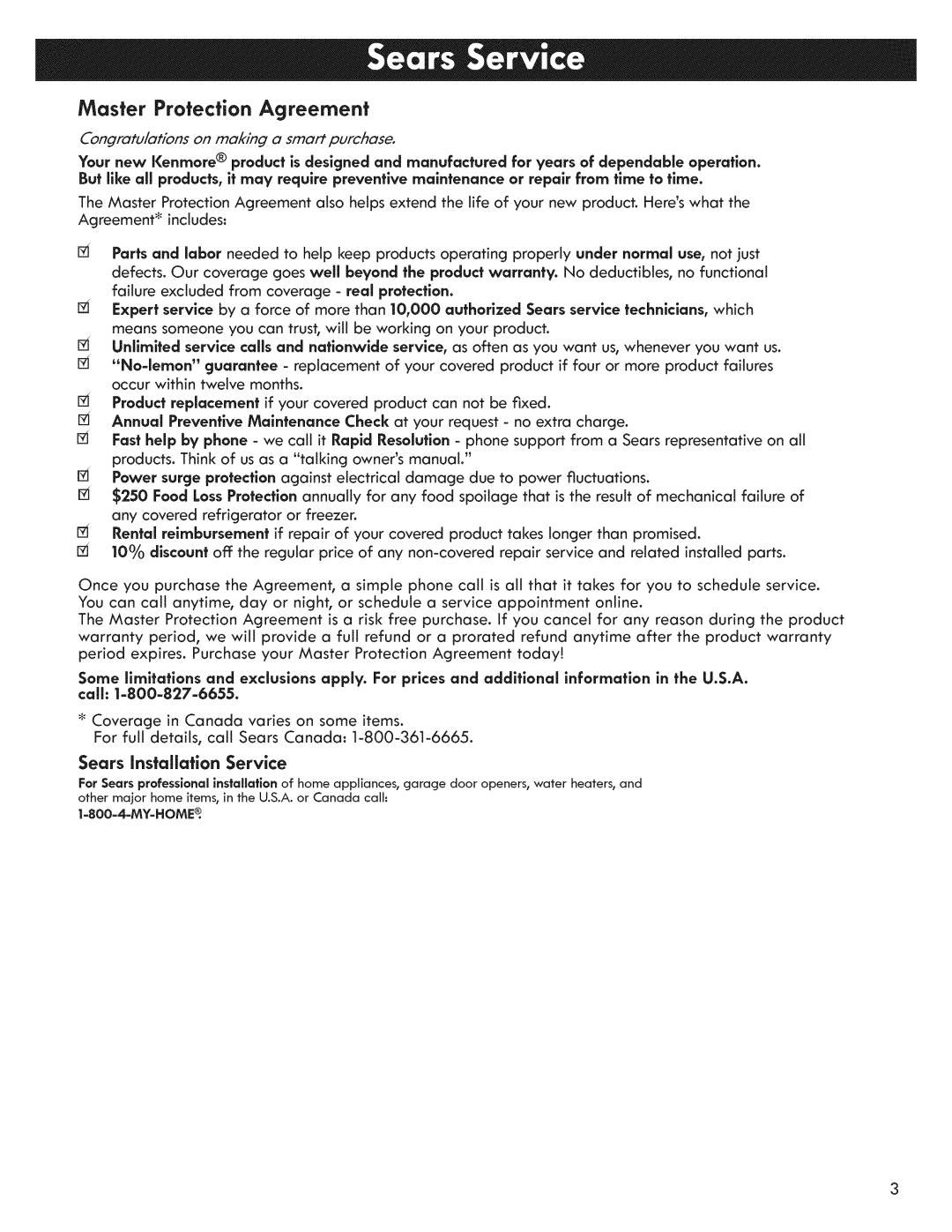 Kenmore 721.7915 manual Congratu/ations on making a smart purchase, Sears Installation Service, =800=4=MY=HOMEQ 