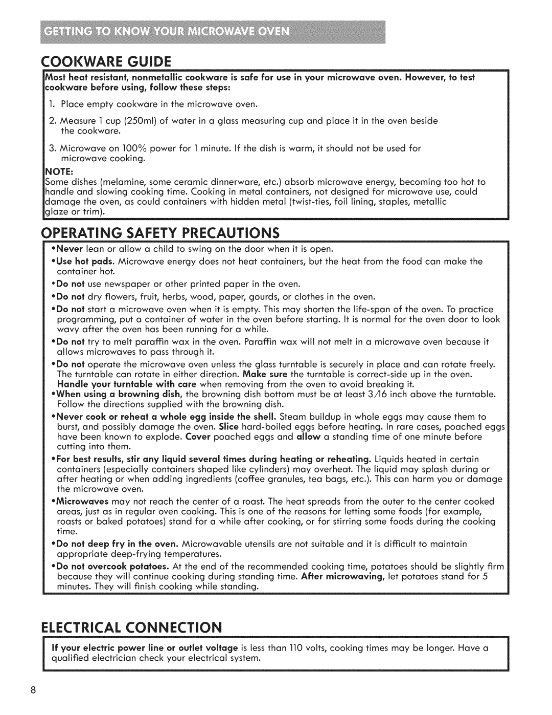 Kenmore 721.7915 manual Cookware Guide, Operating Safety Precautions, Electrical Connection 