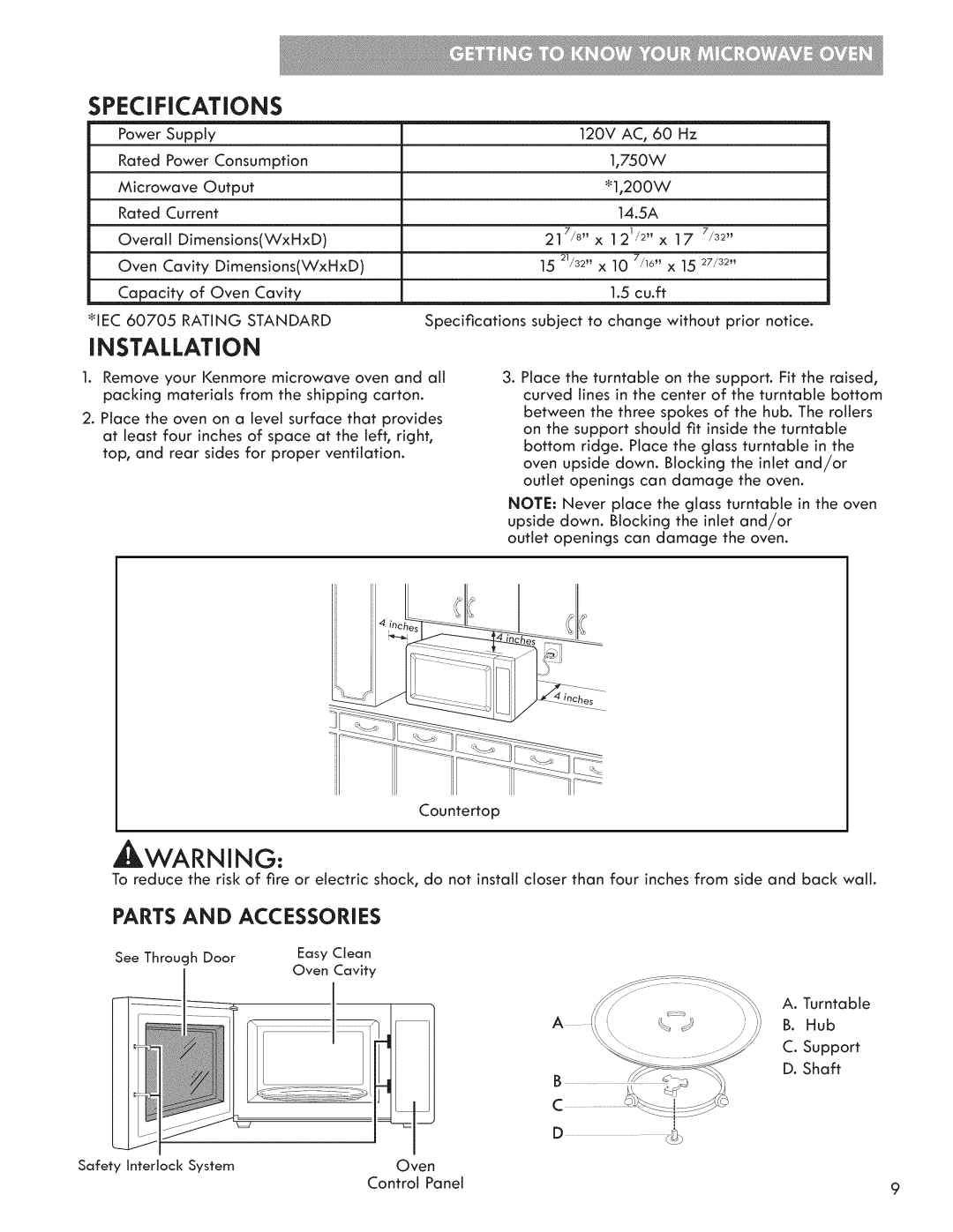 Kenmore 721.7915 manual SPECiFiCATiONS, Installation, Parts And Accessories 