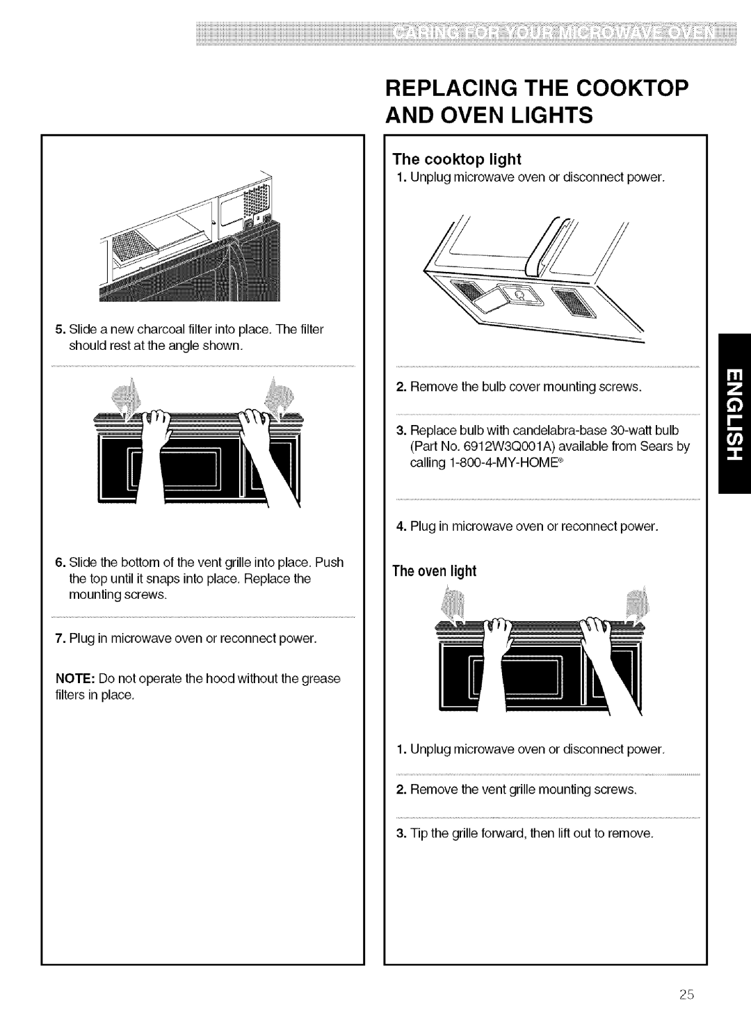 Kenmore 721.80019, 721.80012, 721.80014 manual Replacing the Cooktop and Oven Lights, Cooktop light, Oven light 