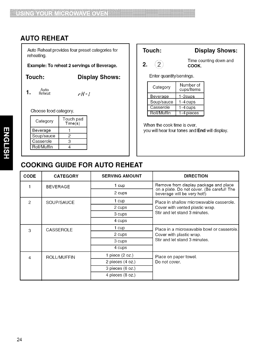 Kenmore 721.80039, 721.80033, 721.80034, 721.80032 manual Cooking Guide for Auto Reheat, Touch 