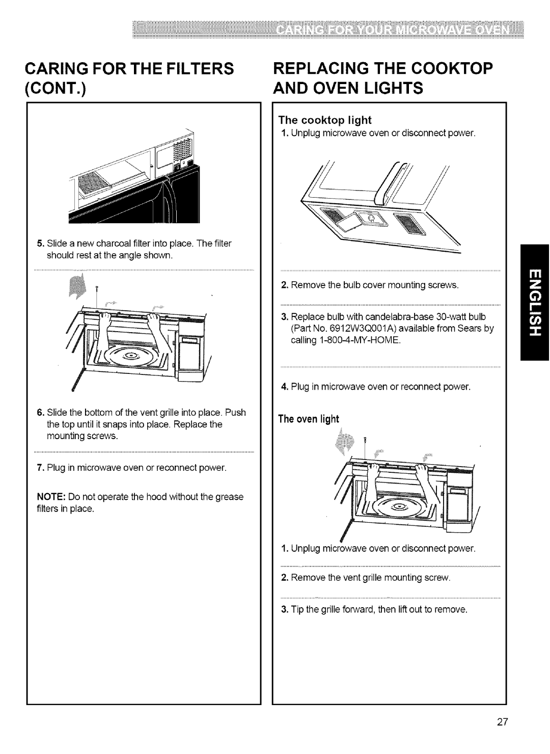 Kenmore 721.80032, 721.80039, 721.80033, 721.80034 manual Caring for the Filters Replacing, Cont Oven Lights 