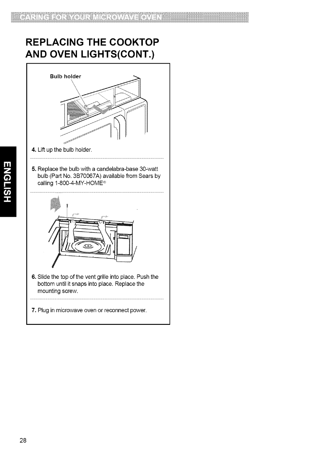 Kenmore 721.80039, 721.80033, 721.80034, 721.80032 manual Replacing the Cooktop Oven Lightscont 