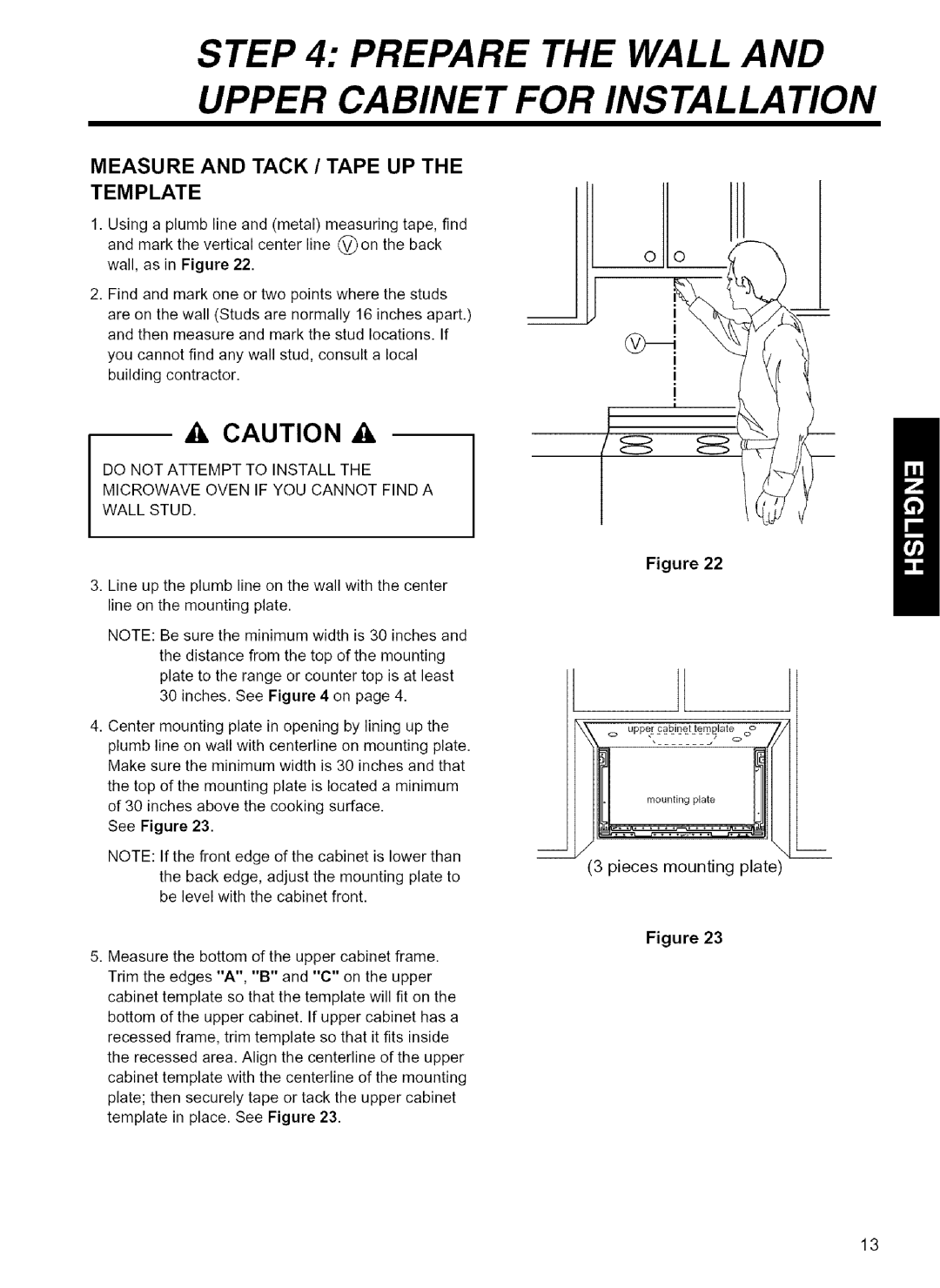 Kenmore 721.80042, 721.80049 Prepare the Wall and Upper Cabinet for Installation, Measure and Tack / Tape UP Template 