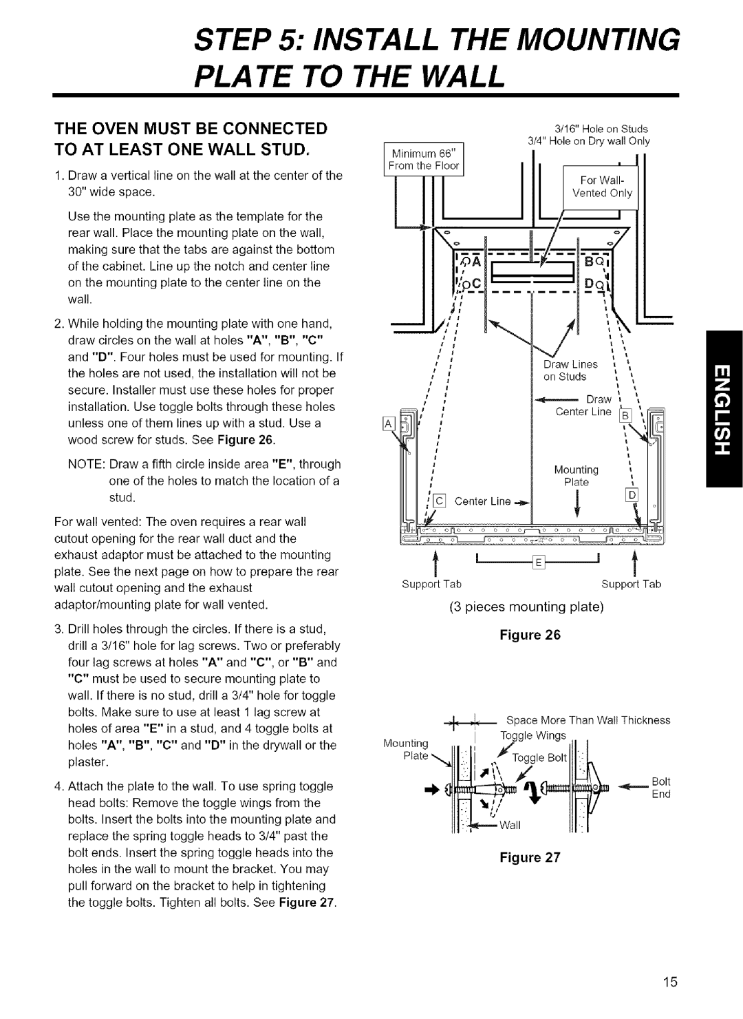 Kenmore 721.80044 Install the Mounting Plate to the Wall, Oven Must be Connected To AT Least ONE Wall Stud, Center Line 