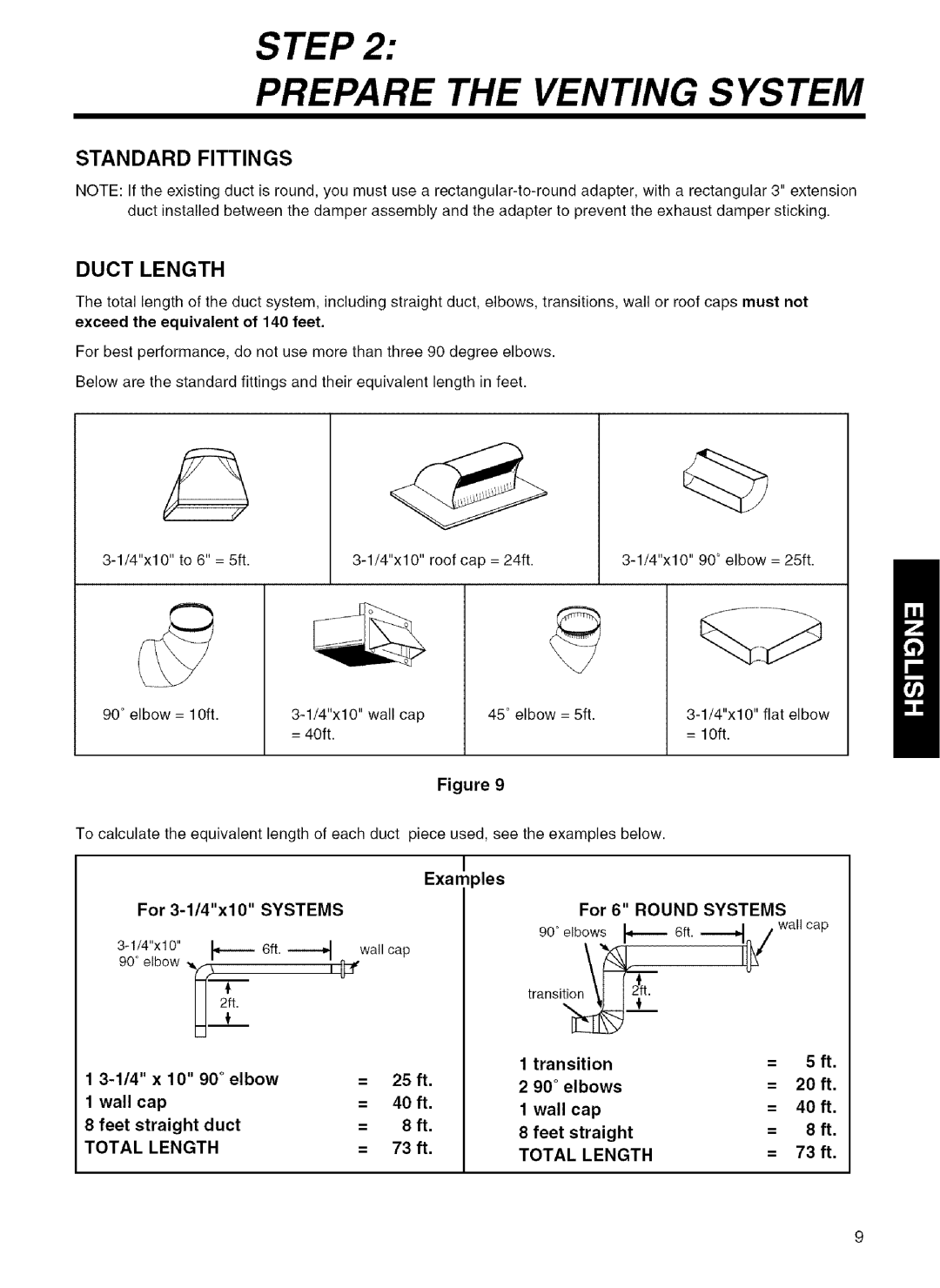 Kenmore 721.80042, 721.80049, 721.80043, 721.80044 installation instructions Standard Fittings, Duct Length 