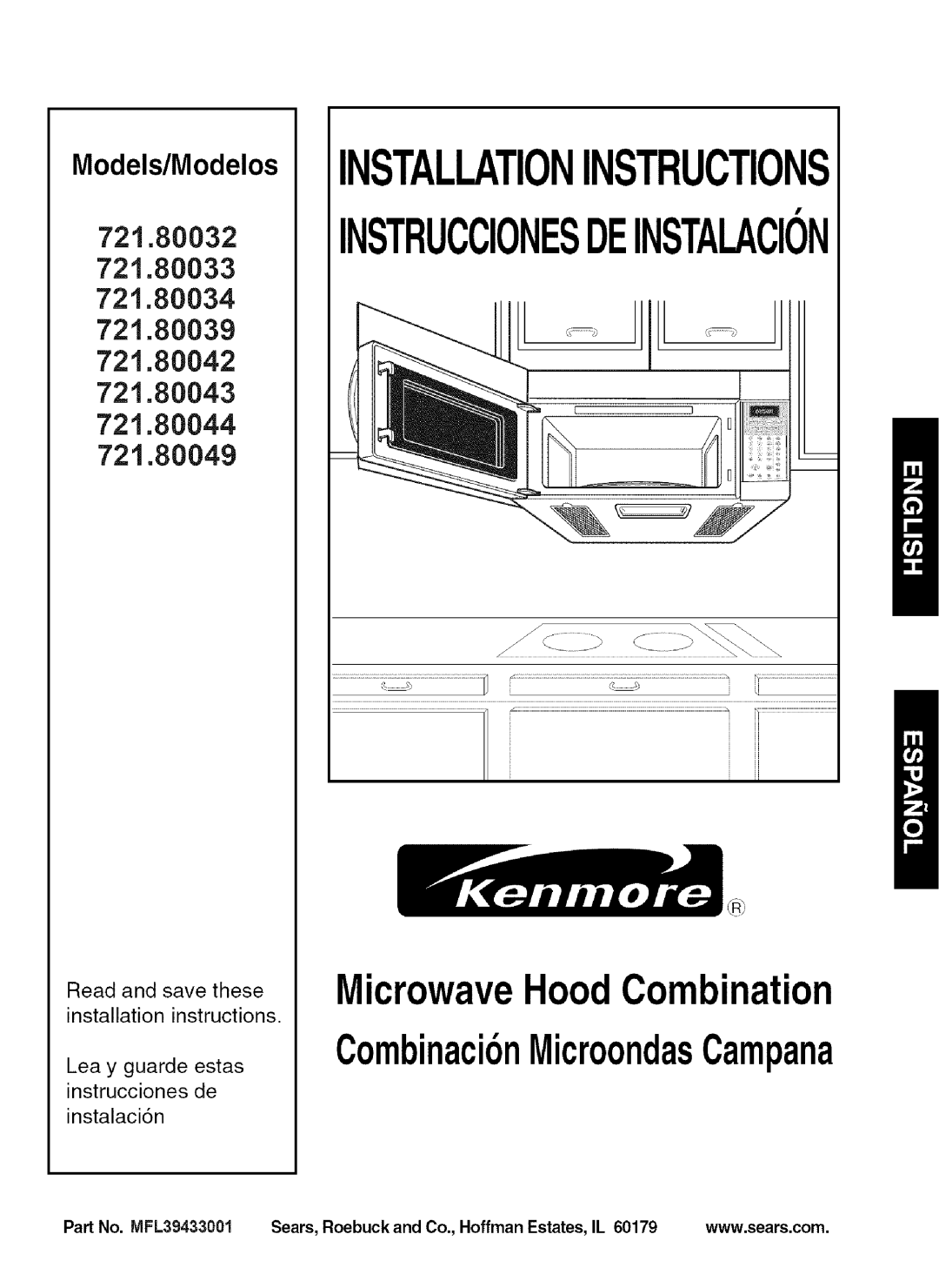 Kenmore 721.80042 installation instructions Read and save these installation instructions, Part No. MFL39433001, 721.80032 