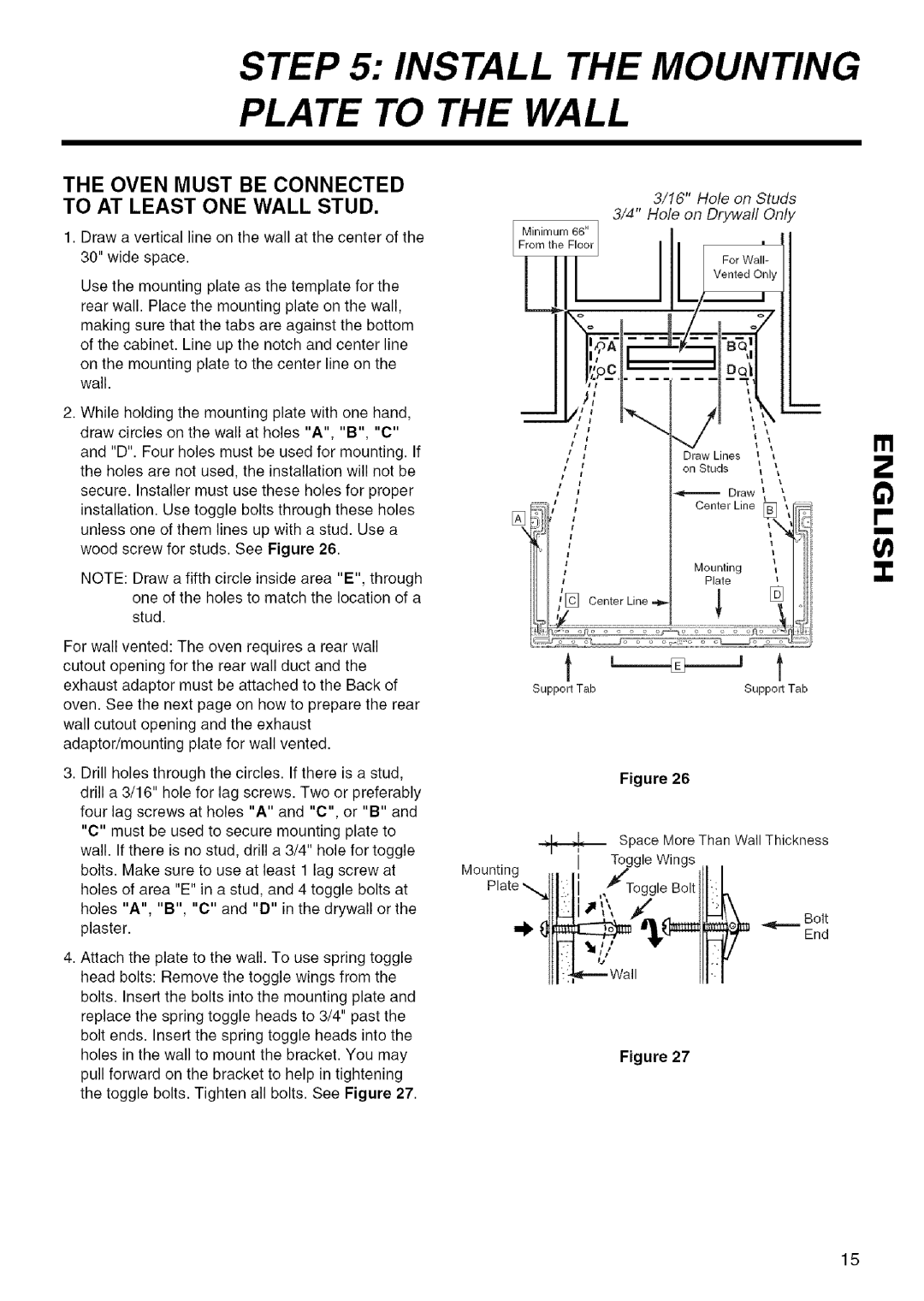 Kenmore 721.80523, 721.80524 Install the Mounting Plate to the Wall, Oven Must be Connected to AT Least ONE Wall Stud 