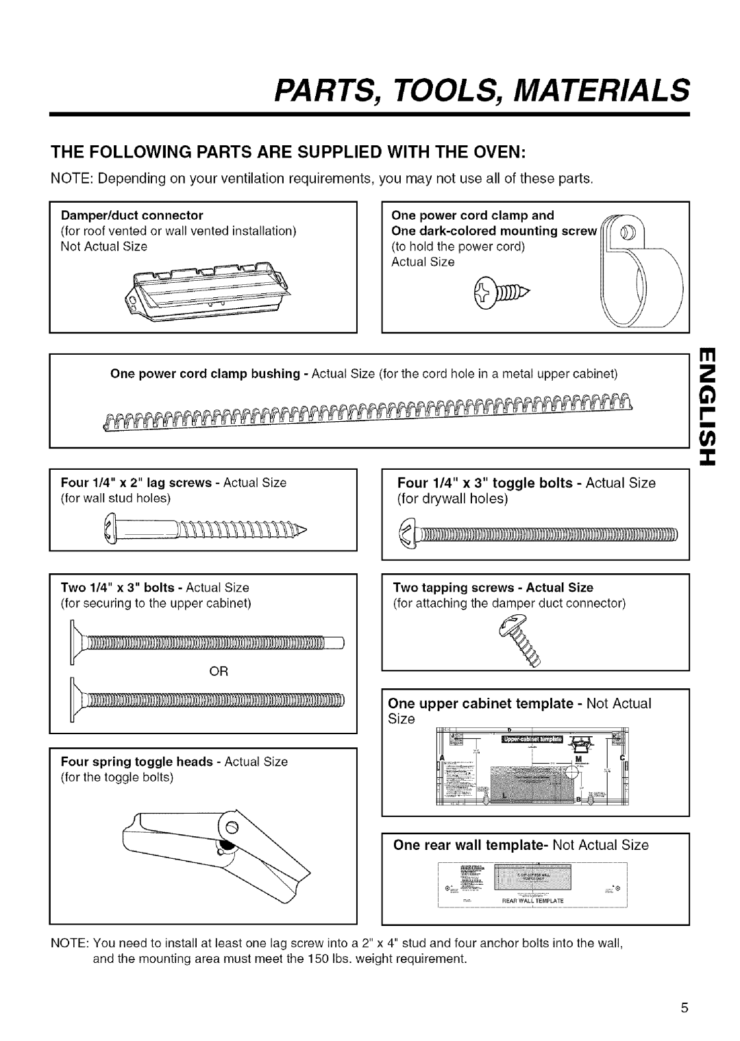 Kenmore 721.80409, 721.80524, 721.80404, 721.80403 PARTS, TOOLS, Materials, Following Parts are Supplied with the Oven 