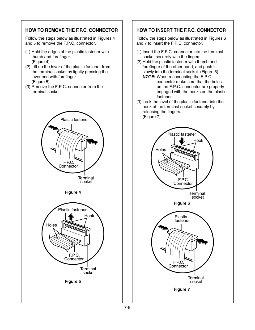 Kenmore 721.805934, 721.805944, 721.805924 manual HOW to Remove the F.P.C. Connector, HOW to Insert the F.P.C. Connector 