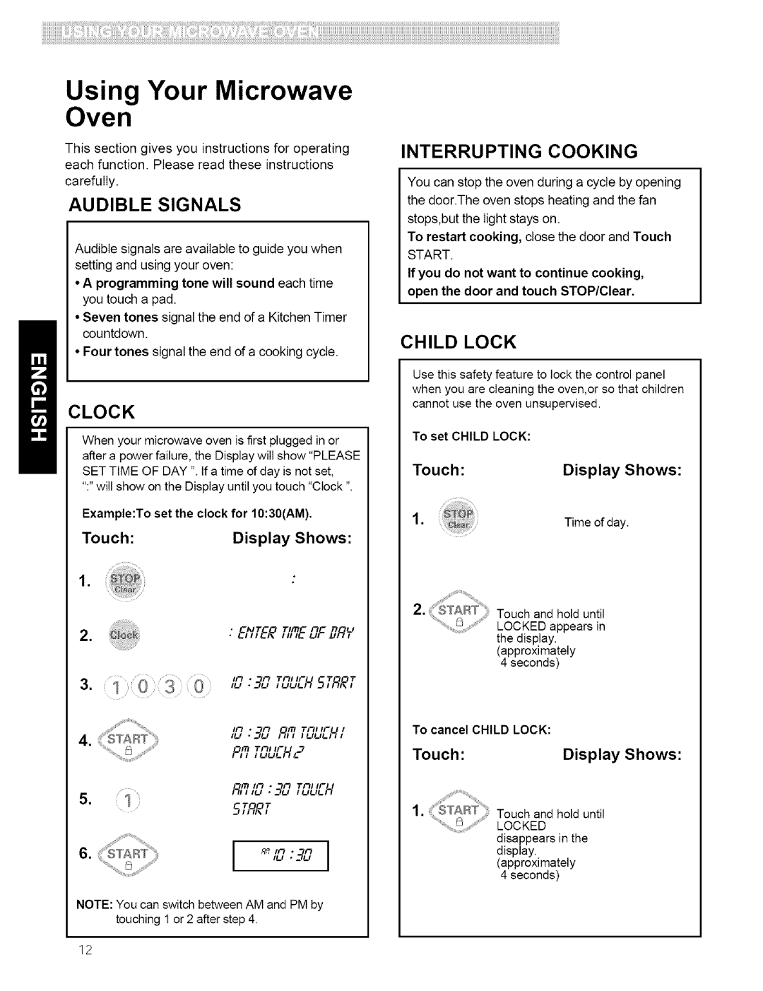 Kenmore 721.80419, 721.80599, 721.80594, 721.80593, 721.80592 manual Audible Signals, Clock, Interrupting Cooking, Child Lock 