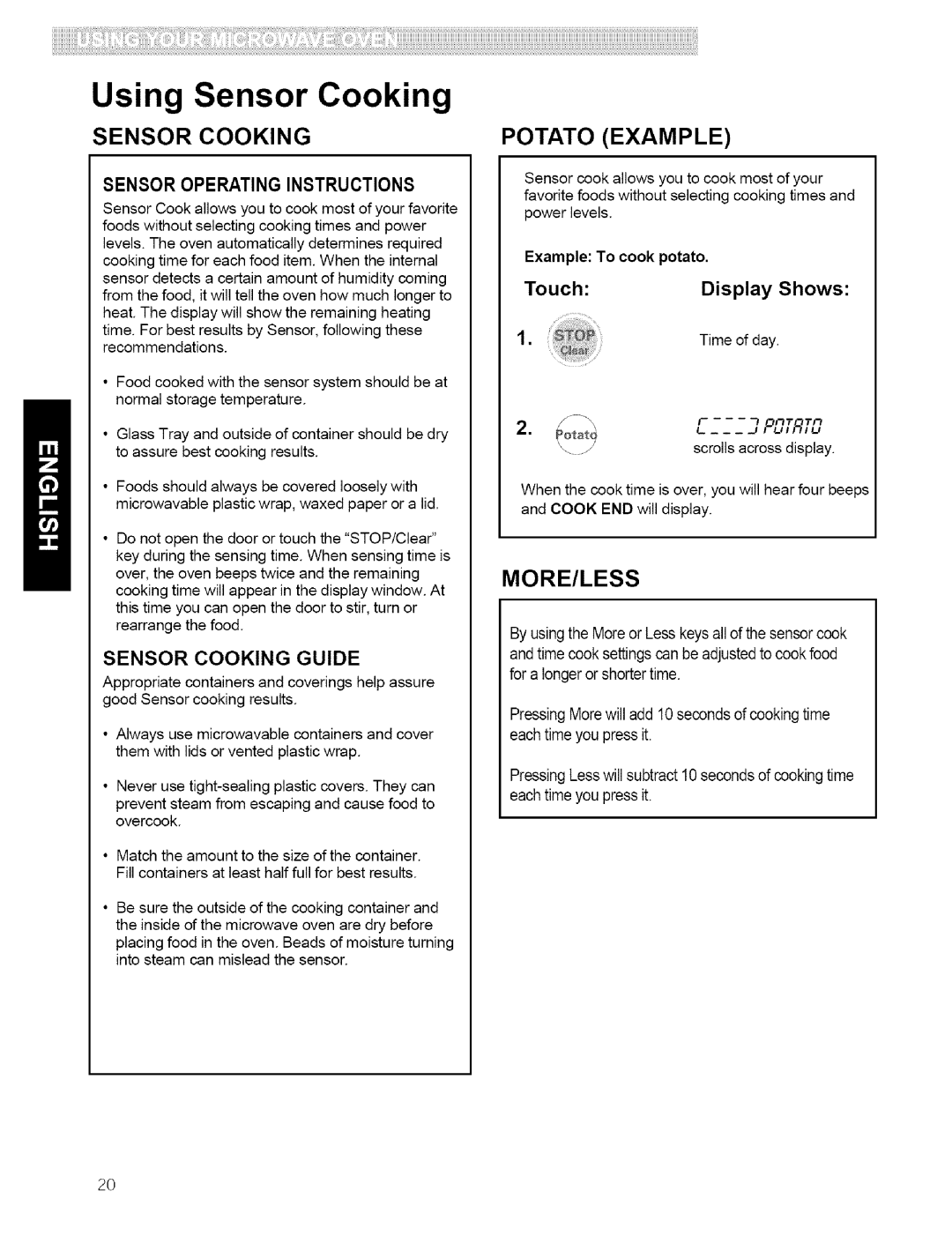 Kenmore 721.80419, 721.80599, 721.80594, 721.80593 manual Sensor Cooking, Potato Example, More/Less, Example To cook potato 