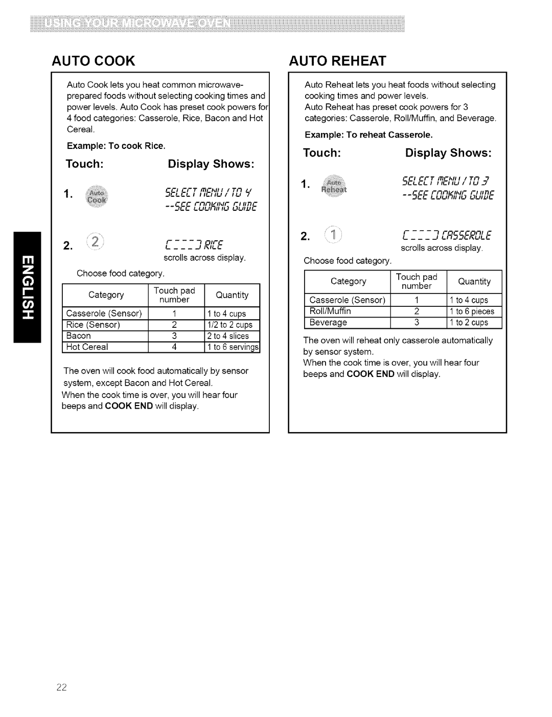 Kenmore 721.80412, 721.80599, 721.80594, 721.80593, 721.80592 Auto Reheat, Example To cook Rice, Example To reheat Casserole 