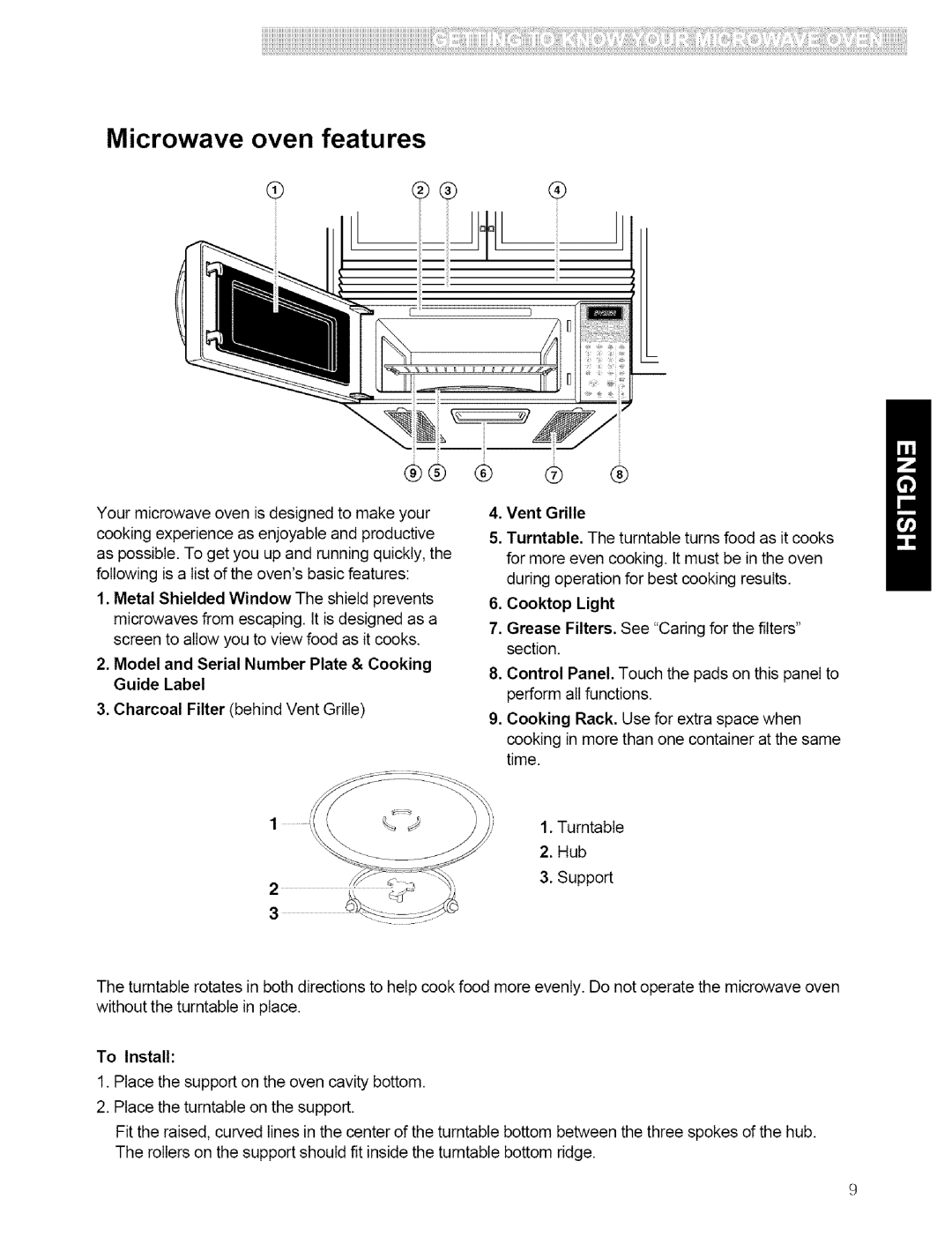 Kenmore 721.80594, 721.80599, 721.80593, 721.80592, 721.80419, 721.80413, 721.80412 manual Microwave oven features, To Install 