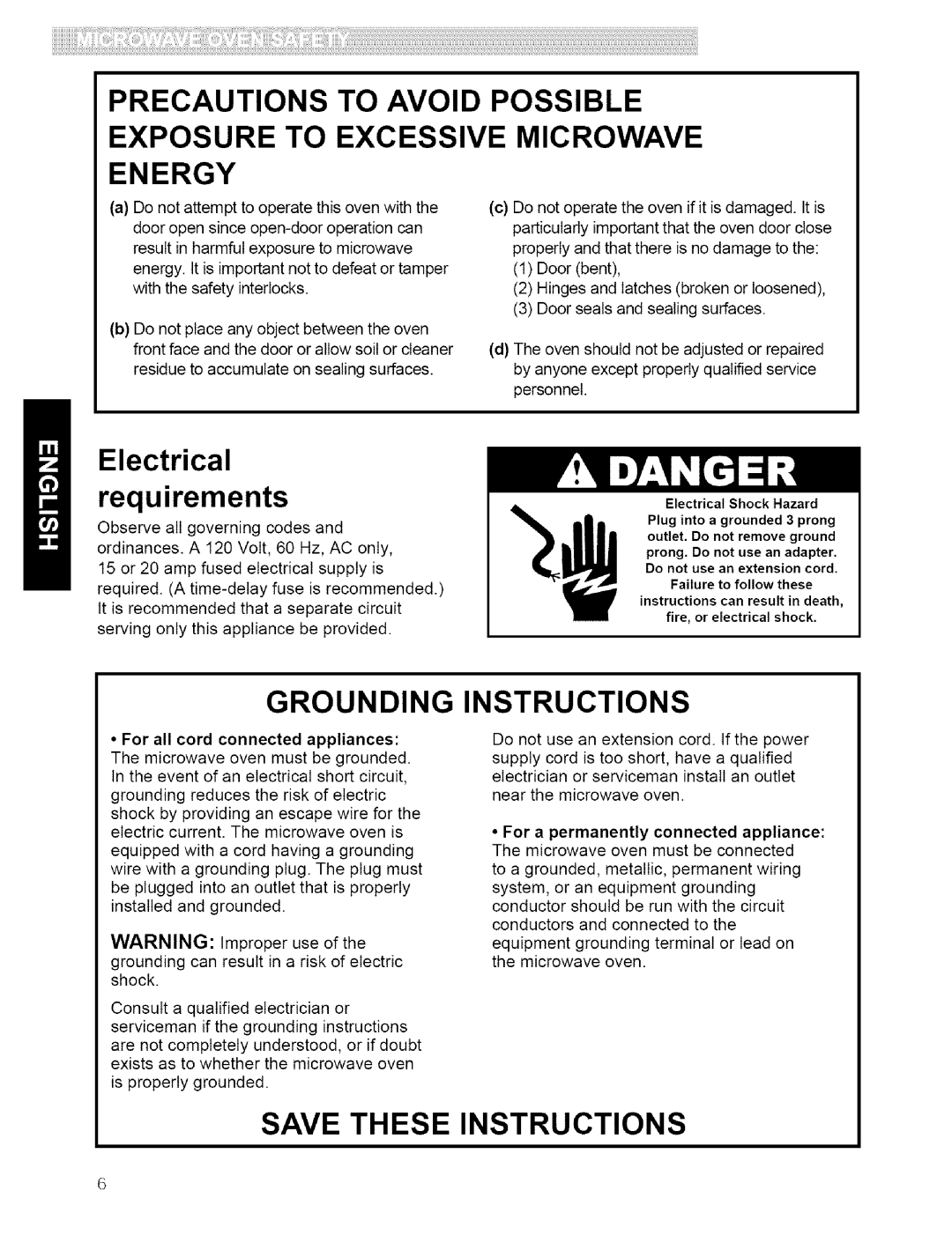 Kenmore 721.80412, 721.80599, 721.80594 Energy, Electrical requirements, Grounding Instructions, Save These Instructions 