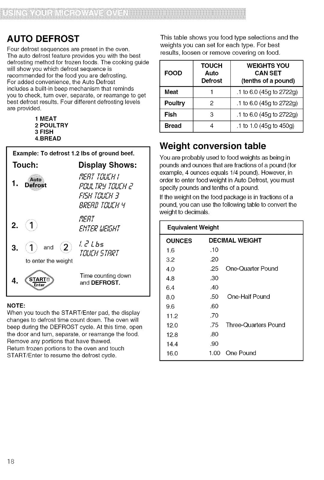 Kenmore 721.80609 manual Auto Defrost, One-Quarter Pound One-Half Pound, 12.0 .75 Three-Quarters Pound, 16.0 1.00 One Pound 