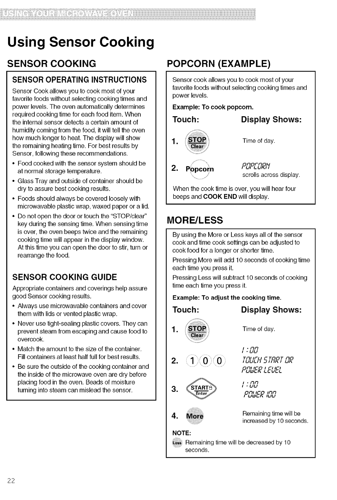 Kenmore 721.80609, 721.80603, 721.80602 manual Sensor Cooking, Popcorn Example, More/Less, Example To adjust the cooking time 