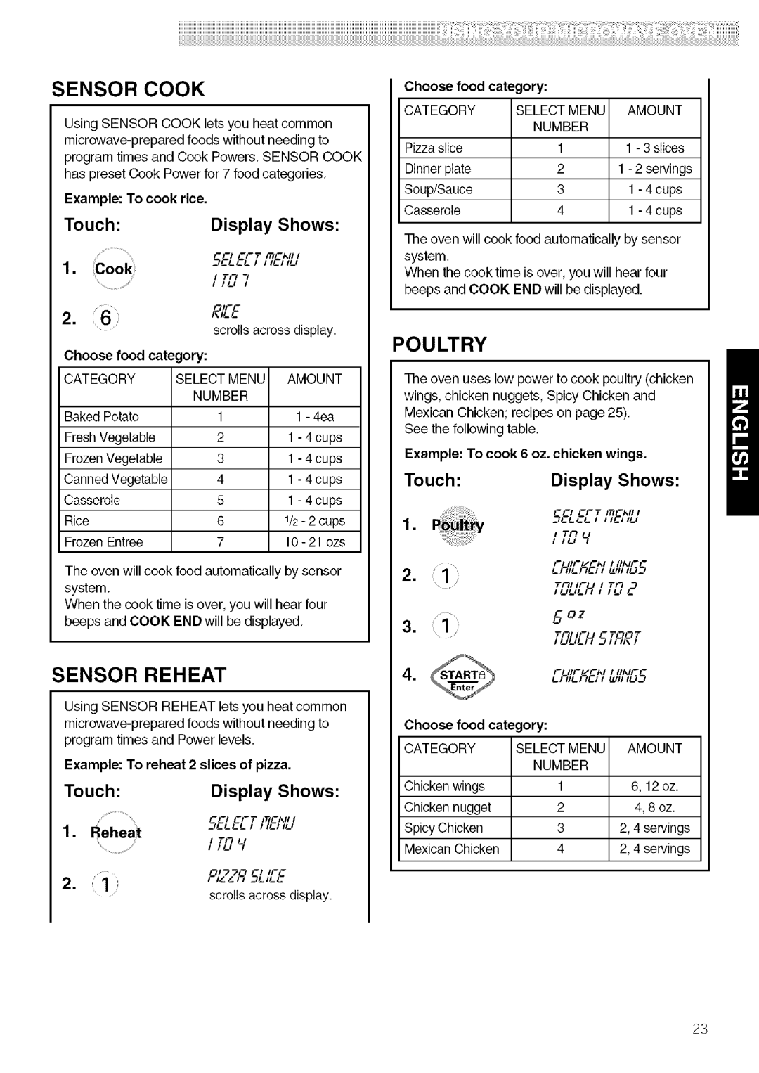 Kenmore 721.80604, 721.80603, 721.80602, 721.80609 manual Sensor Cook, Poultry, Sensor Reheat 