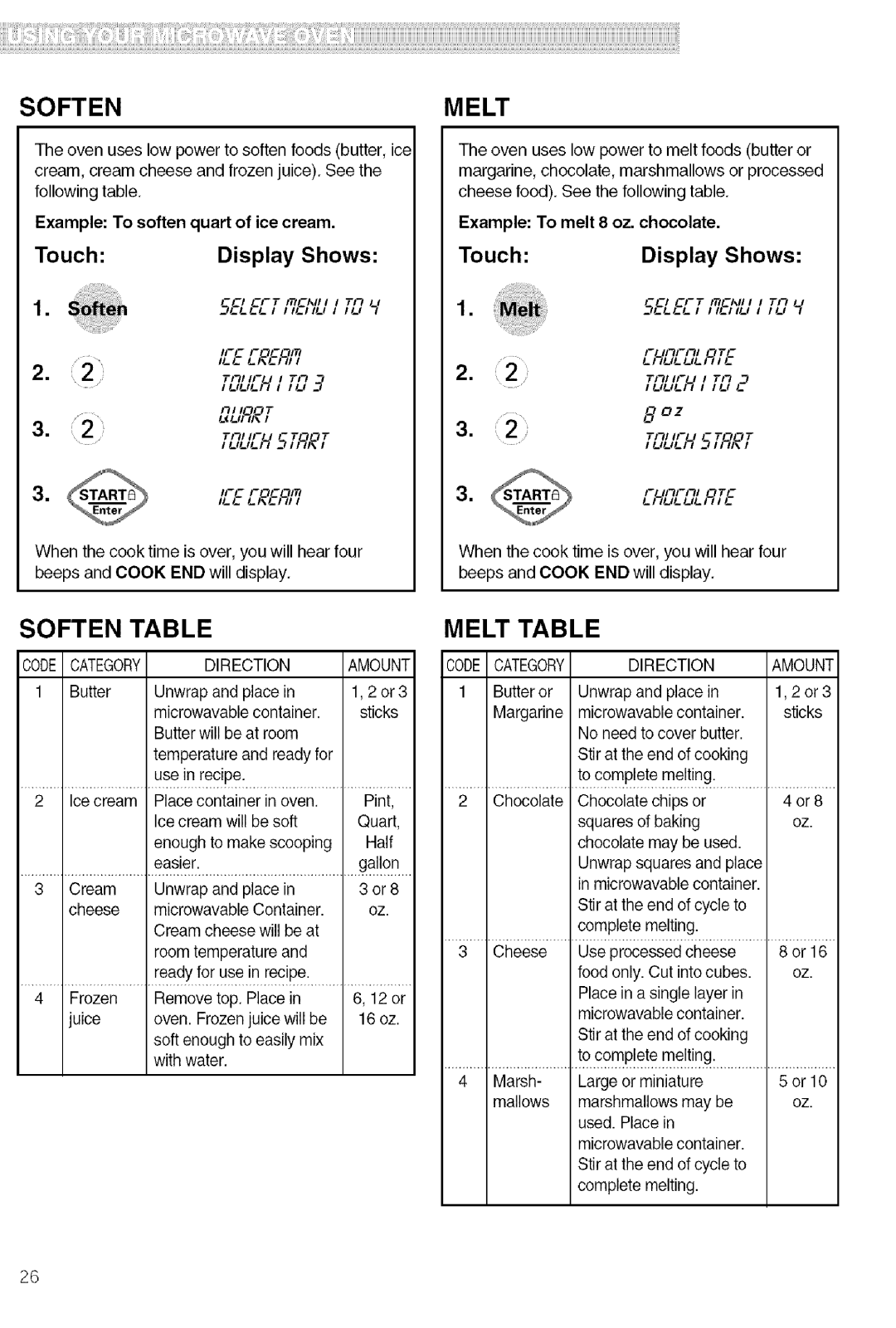 Kenmore 721.80609, 721.80603, 721.80602, 721.80604 manual Soften Table, Melt Table 