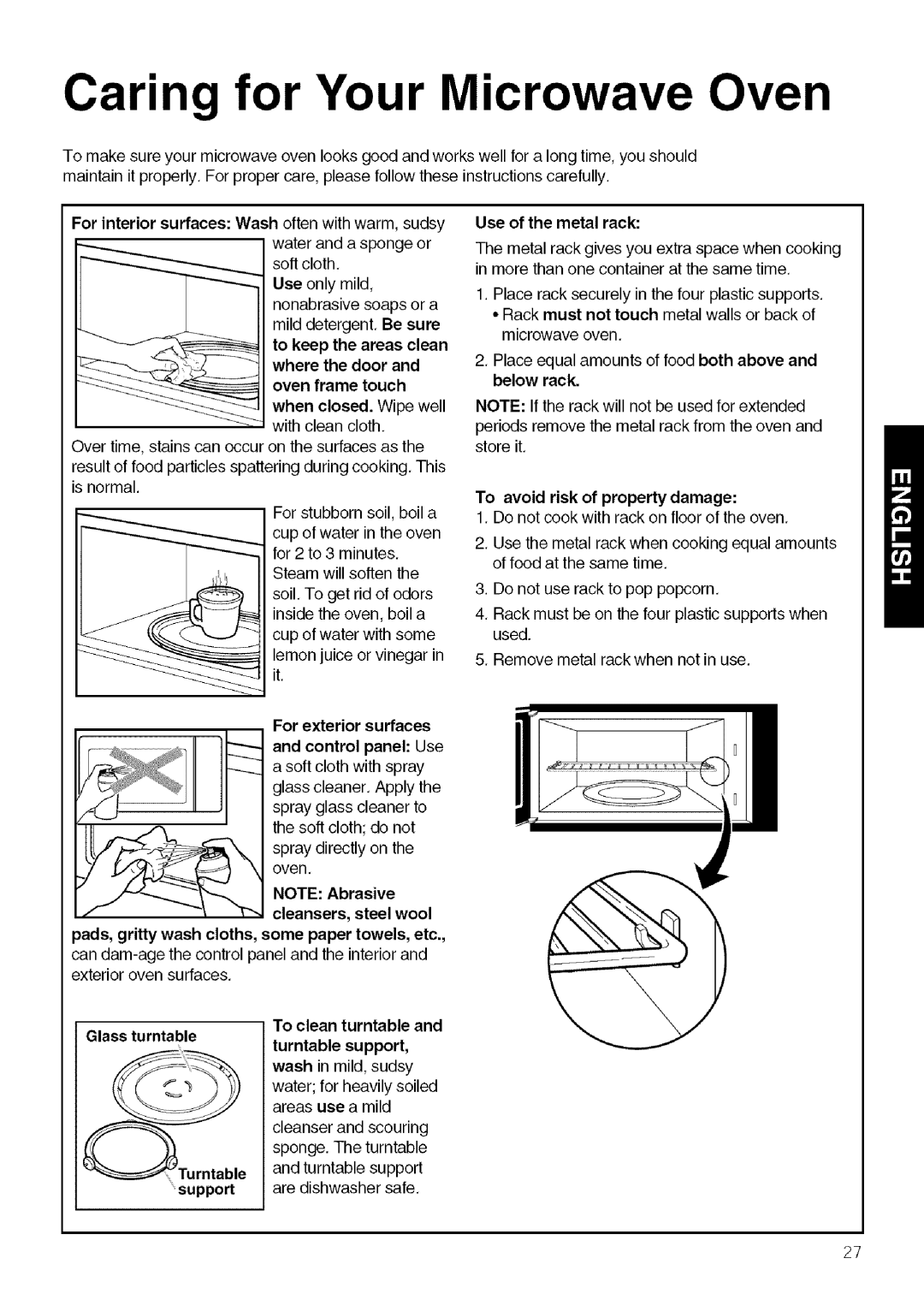 Kenmore 721.80604 Caring for Your Microwave Oven, For interior surfaces Wash often with warm, sudsy, Turntable support 