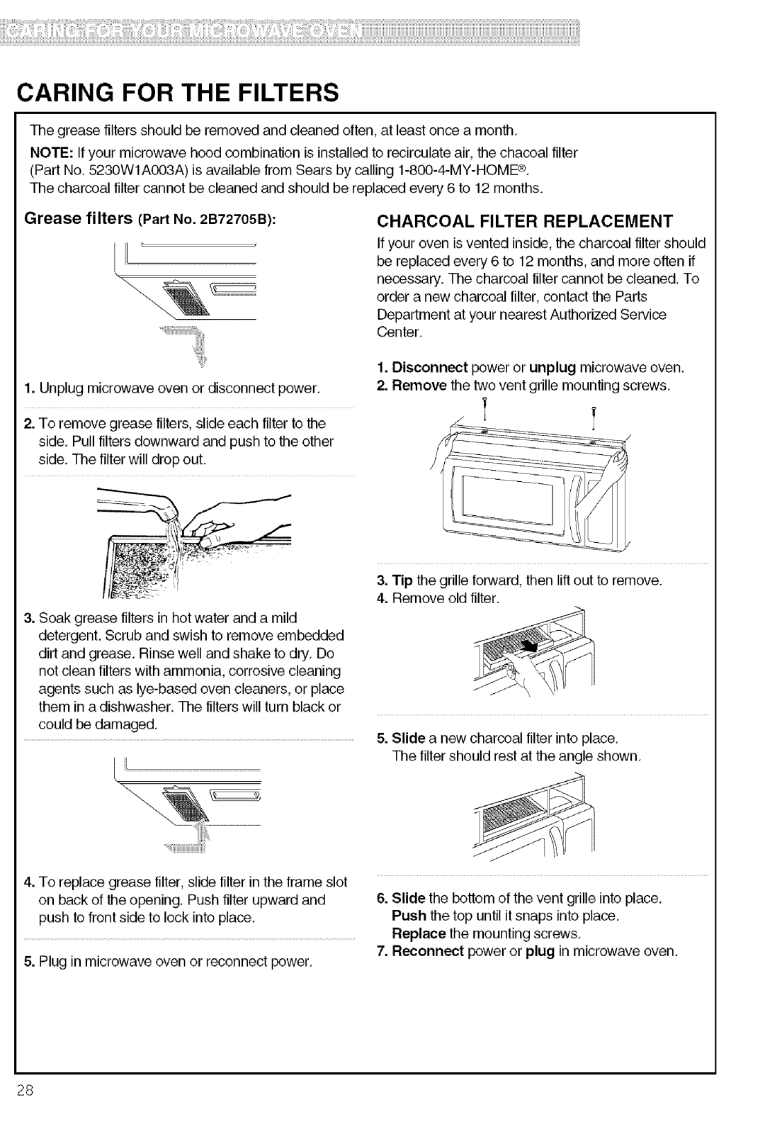 Kenmore 721.80603, 721.80602, 721.80609, 721.80604 manual Caring for the Filters, Charcoal Filter Replacement 