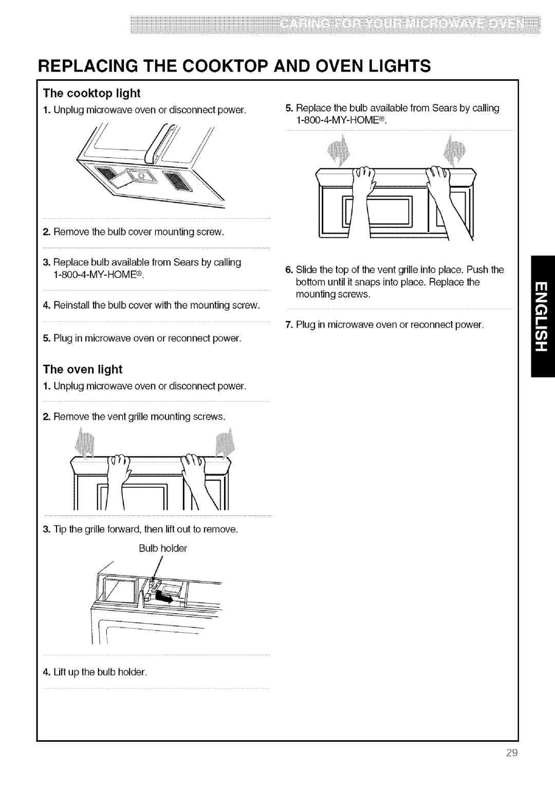 Kenmore 721.80602 manual Replacing the Cooktop and Oven Lights, Cooktop light, Unplug microwave oven or disconnect power 