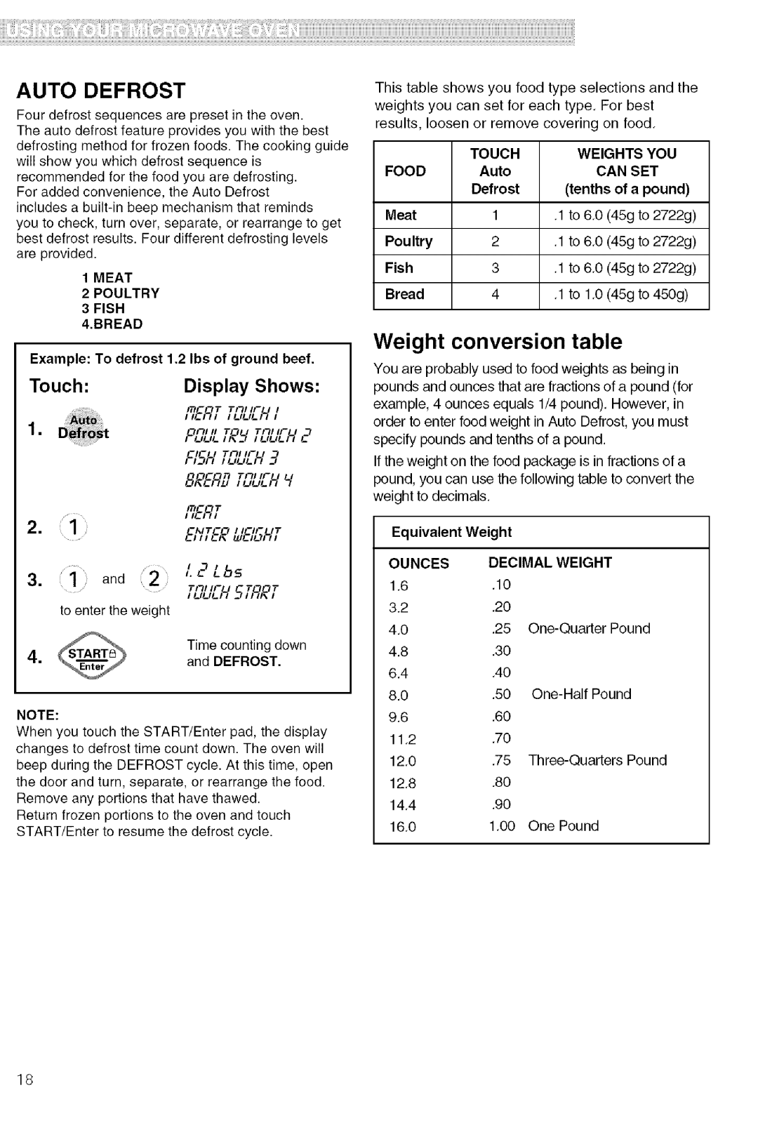 Kenmore 721.80609 Weight conversion table, Auto Defrost, i and 2 ?Lbs, Display Shows, qTTn, £LG,£7L?L/L-3H, 5,iS, Touch 